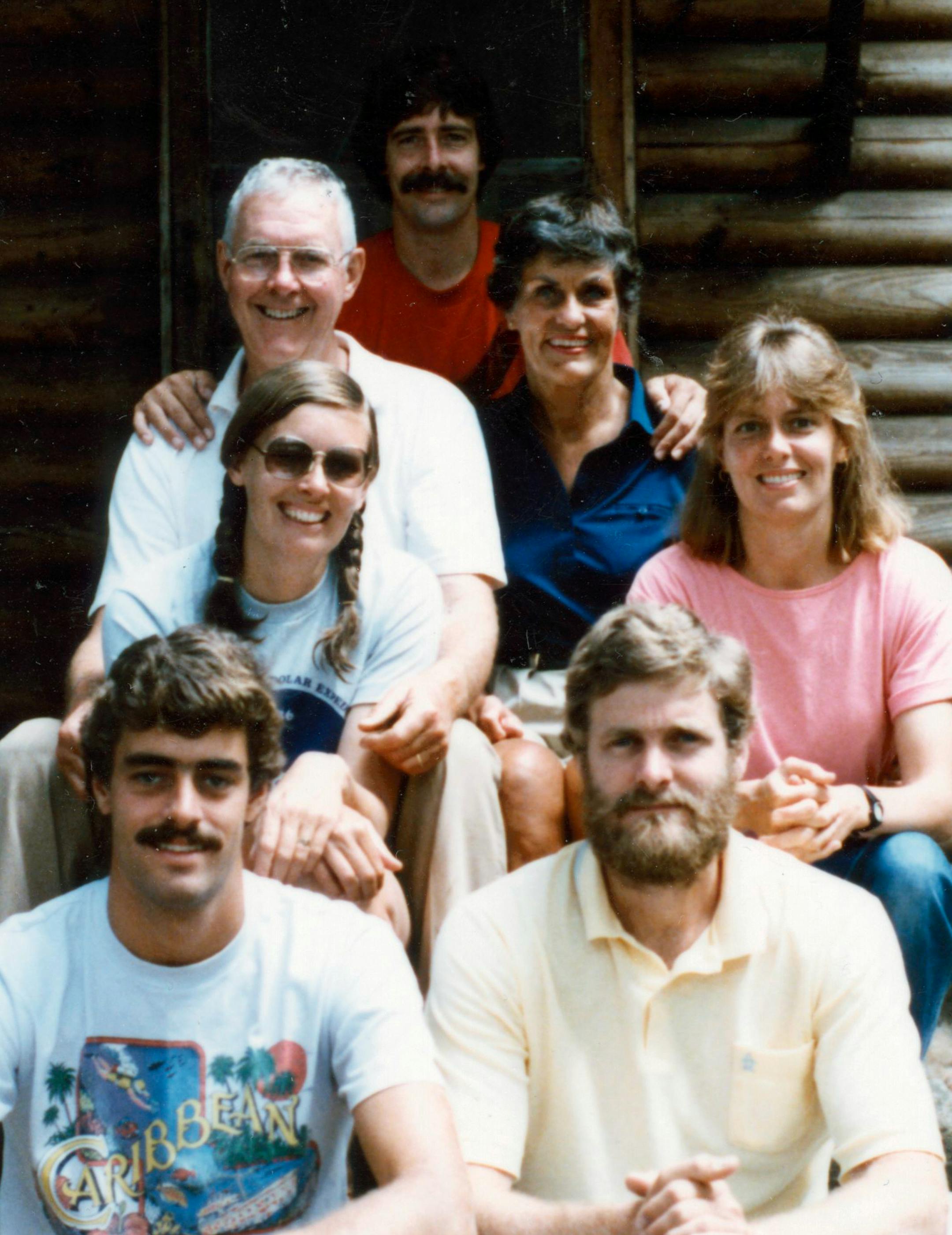 Betsy Danielson's brothers, sisters and parents gathered at the cabin in 1986. Front row: David Whitten, Jake Whitten. Second row: Barbara Whitten, Betsy Danielson. Third row: Bob and Shirley Whitten. Top row: Bob Whitten Jr.