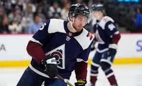 Yakov Trenin warms up for the Avalanche during a game against the Wild on March 8 in Denver.