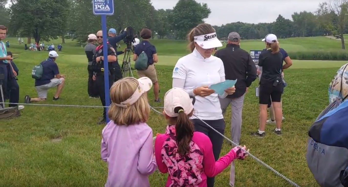 Lily Kostner, 7, left, met with Hannah Green after Sunday's final round of the Women�s PGA Championship at Hazeltine National Golf Club on June 23, 2019, in Chaska, Minn.