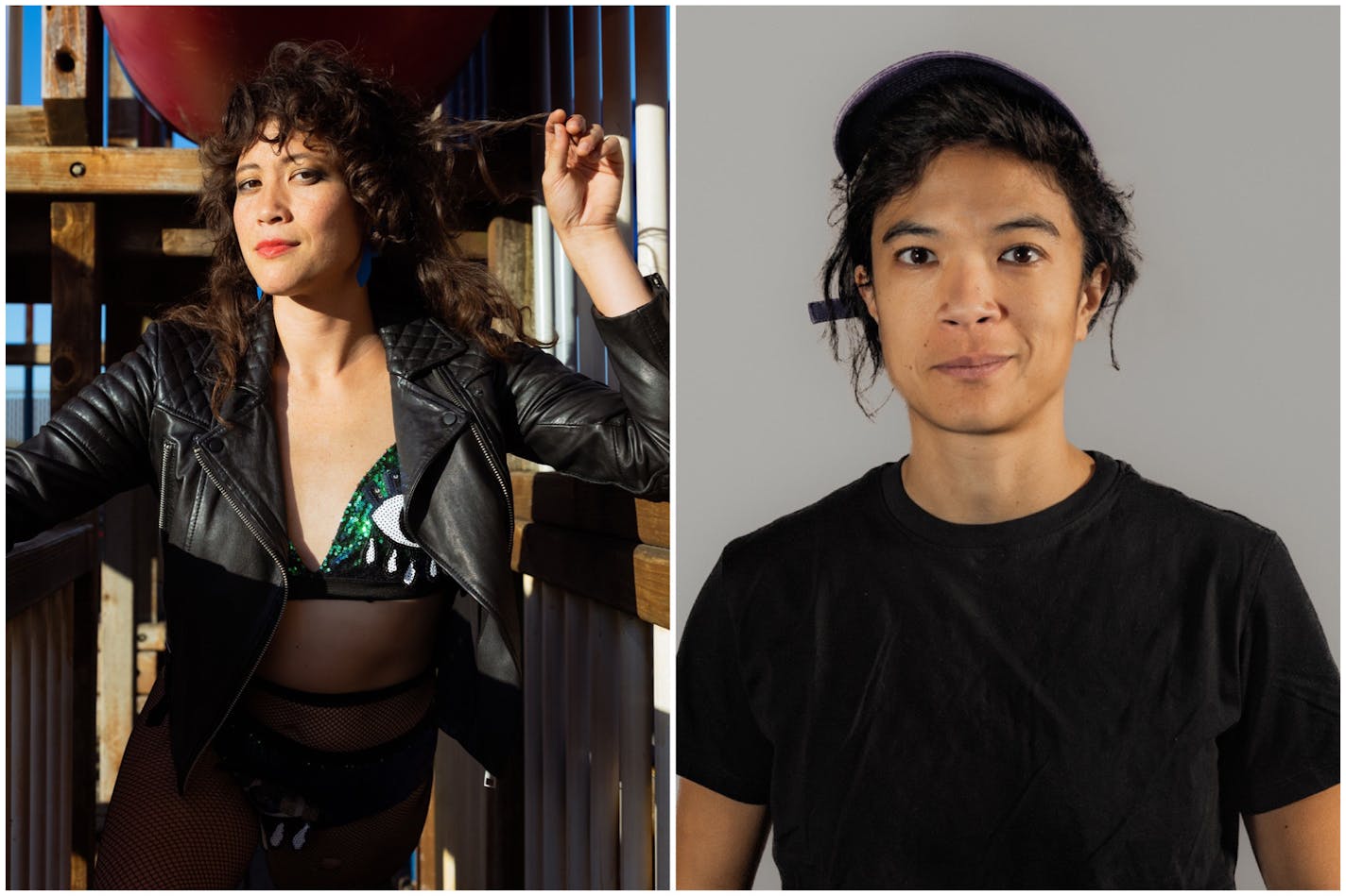 On the left, an Asian American woman with dark curls framing her face. On the right, an Asian American woman wearing a baseball cap and a plain black T-shirt.