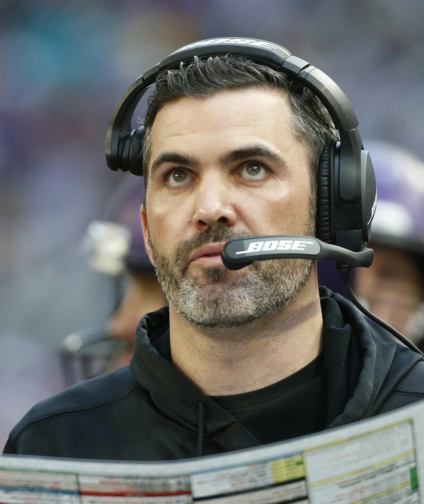 Minnesota Vikings interim offensive coordinator Kevin Stefanski watches from the sideline during the first half of an NFL football game against the Miami Dolphins, Sunday, Dec. 16, 2018, in Minneapolis. (AP Photo/Bruce Kluckhohn)