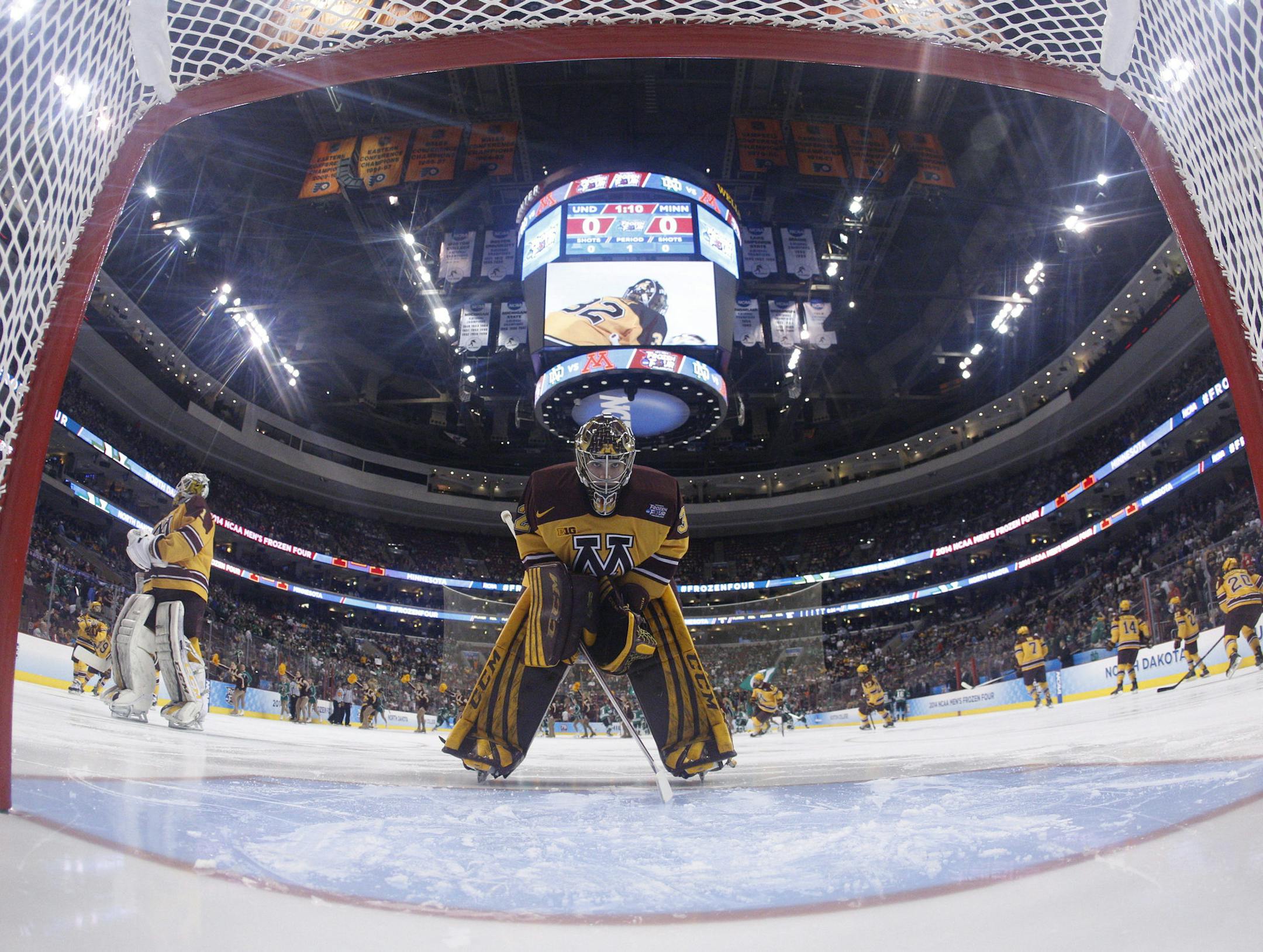 Minnesota's Adam Wilcox heads to his goal for the first period of an NCAA men's college hockey Frozen Four tournament game against North Dakota, Thursday, April 10, 2014, in Philadelphia. Minnesota won 2-1. (AP Photo/Chris Szagola) ORG XMIT: OTKCS150
