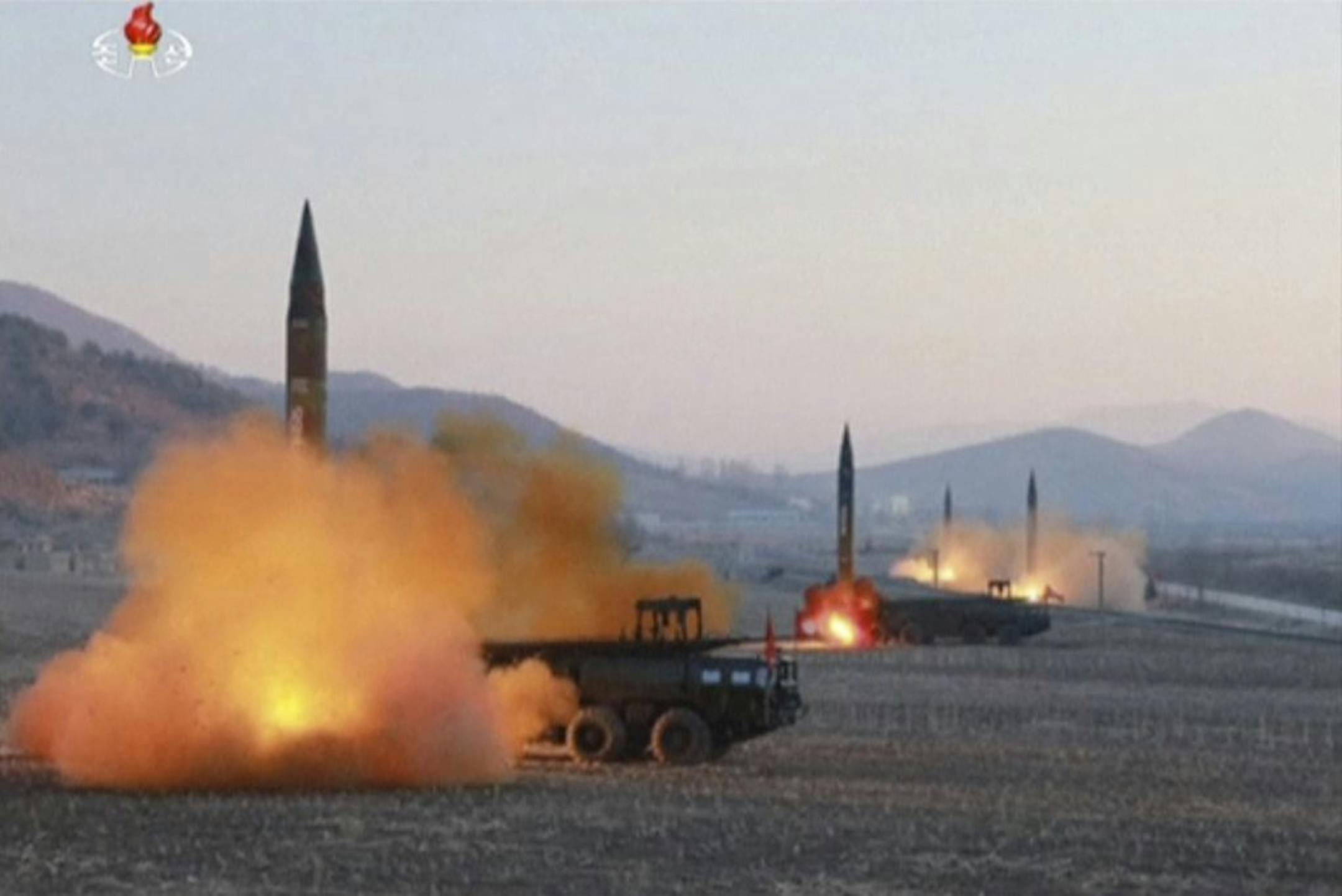 In this image made from video released by KRT on Tuesday, March 7, 2017, North Korea launches four missiles in an undisclosed location North Korea. On Monday, North Korea fired four ballistic missiles in an apparent protest against ongoing U.S.-South Korean military drills that it views as an invasion rehearsal. (KRT via AP Video) ORG XMIT: MIN2017030712431725