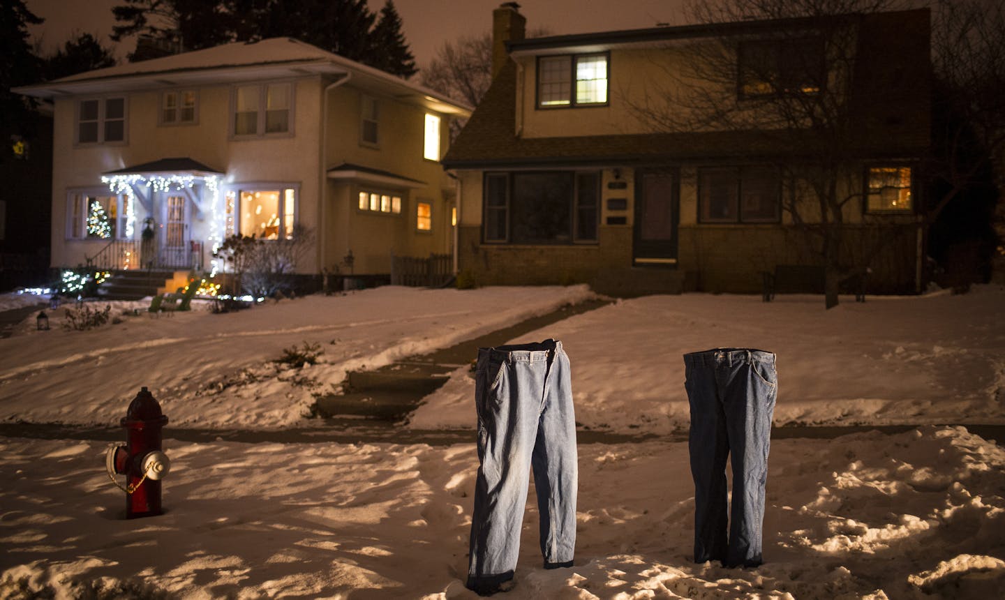 A pair of frozen blue jeans was on display at the intersection of 2nd Street and 16th Avenue NE in Minneapolis. They were put out by Randall Johnson of Minneapolis