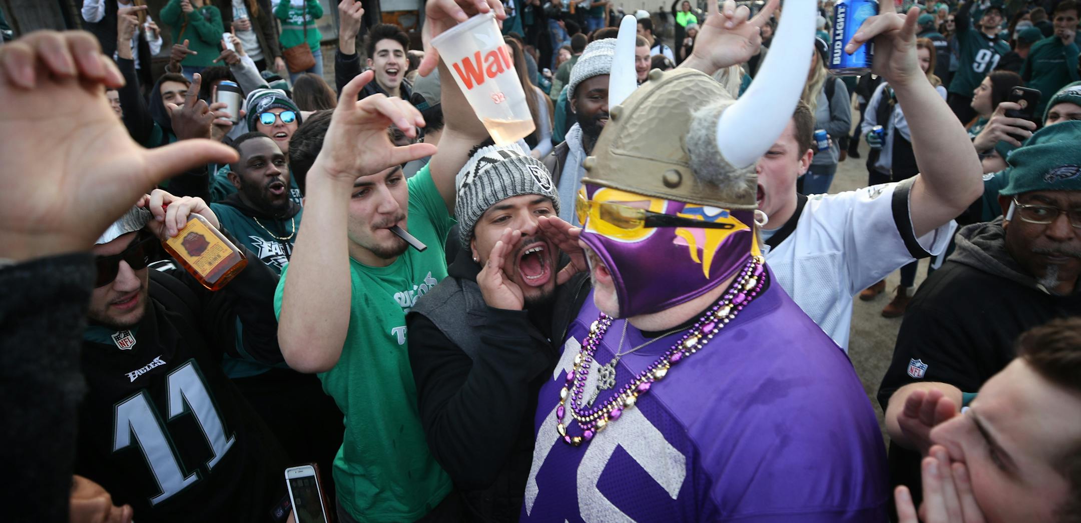 Vikings fan Andrew Grein of Edina, walked through a crowd of hostile Eagle fans before kickoff of the NFC Championship game at Lincoln Financial Field January 21, 2017 in Philadelphia, PA] JERRY HOLT • jerry.holt@startribune.com