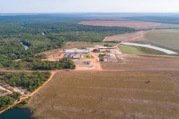 Drone photography of endangered typical landscape with lagoon, rainforest and palm trees