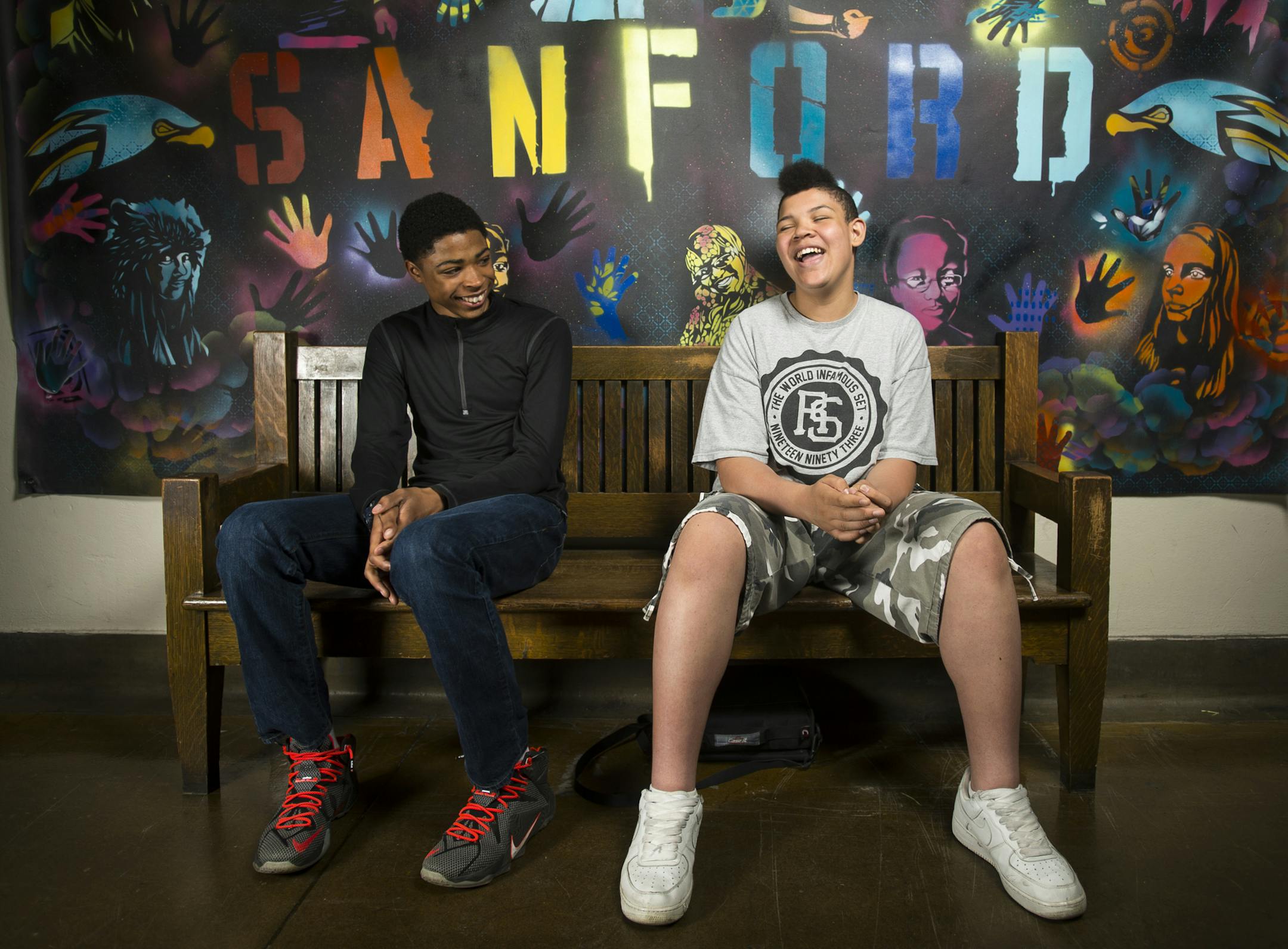 Friends Chontavious Vazquez, left, and Kobe Petrus have pushed each other to excel at Sanford Middle School in Minneapolis.