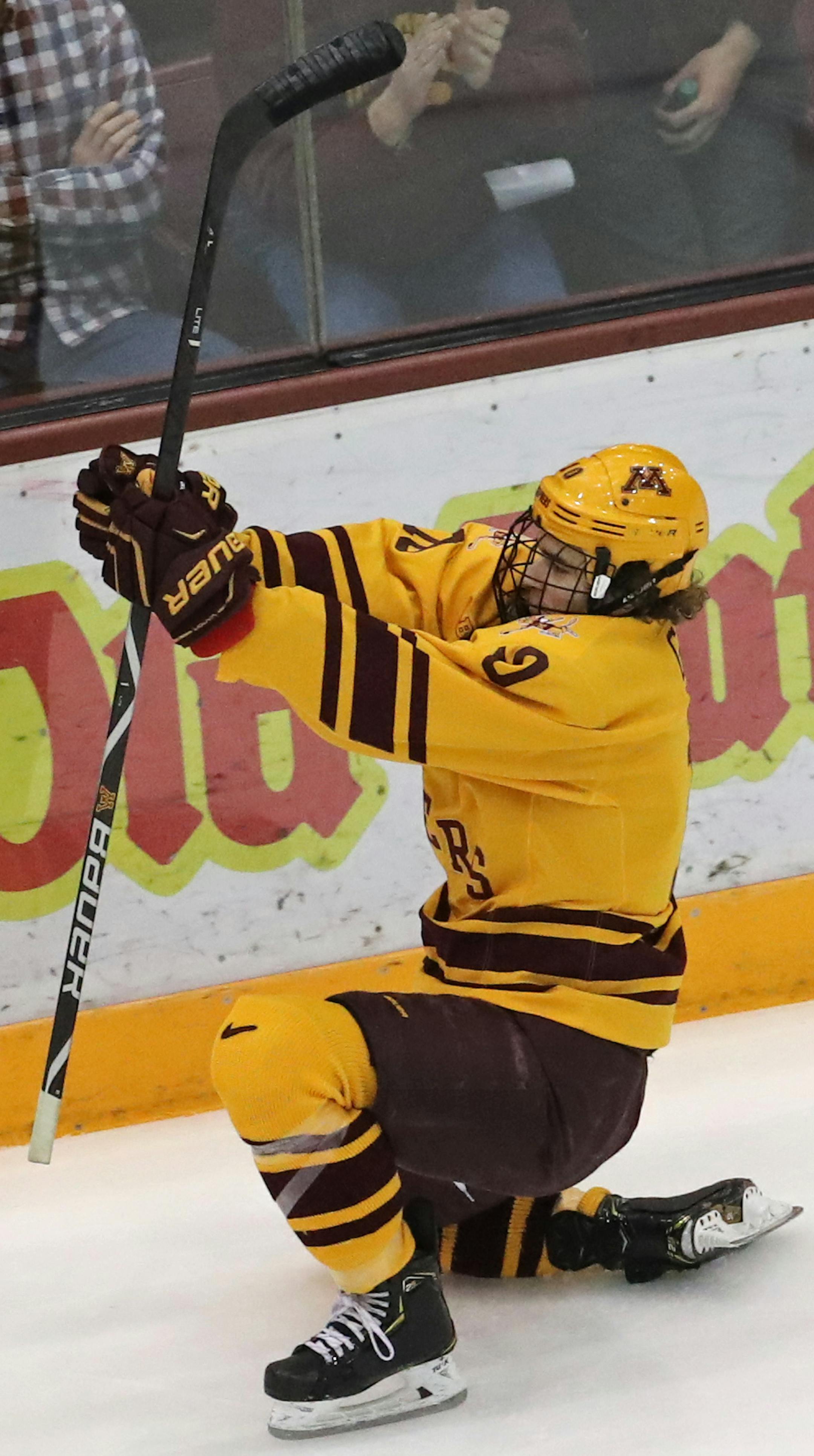 Minnesota Golden Gophers left wing Brent Gates Jr. (10) celebrated after scoring a goal in the second period. ] Shari L. Gross &#x2022; shari.gross@startribune.com University of Minnesota led Penn State 3-1 at the end of the second period in a game at Mariucci arena in Minneapolis, Minn. on Saturday, January 5, 2019.