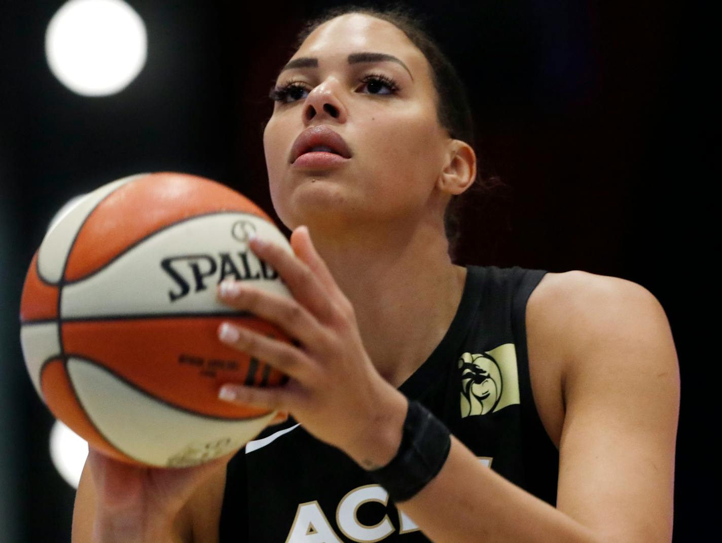 Las Vegas Aces' Liz Cambage, of Australia, makes a foul shot during the second half of a WNBA basketball game against the New York Liberty, Sunday, June 9, 2019 in White Plains, N.Y. The Liberty won 88-78. (AP Photo/Mark Lennihan)