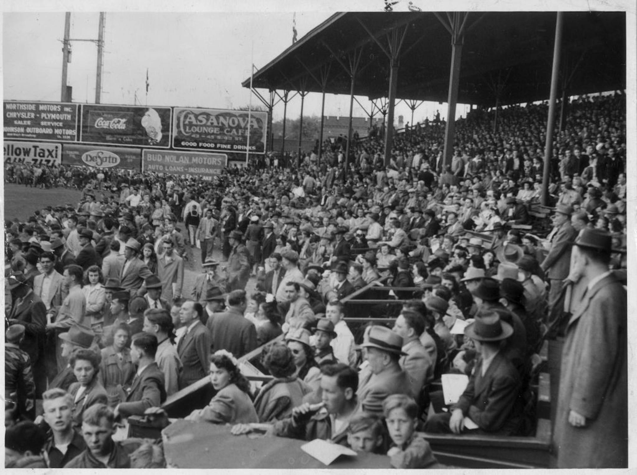 Minneapolis Times cutline of April 30, 1946 / HEY, WHO'S PLAYING WHOM? There were 15,761 paid fans at Nicollet park yesterday as the (Minneapolis) Millers and St. Paul (Saints) tangled in a twin bill, the Saints winning both games to drop the Millers from second to furth place in the AA standings. Tommy Lee, Times photographer, snapped these crowd shots during the first game.
