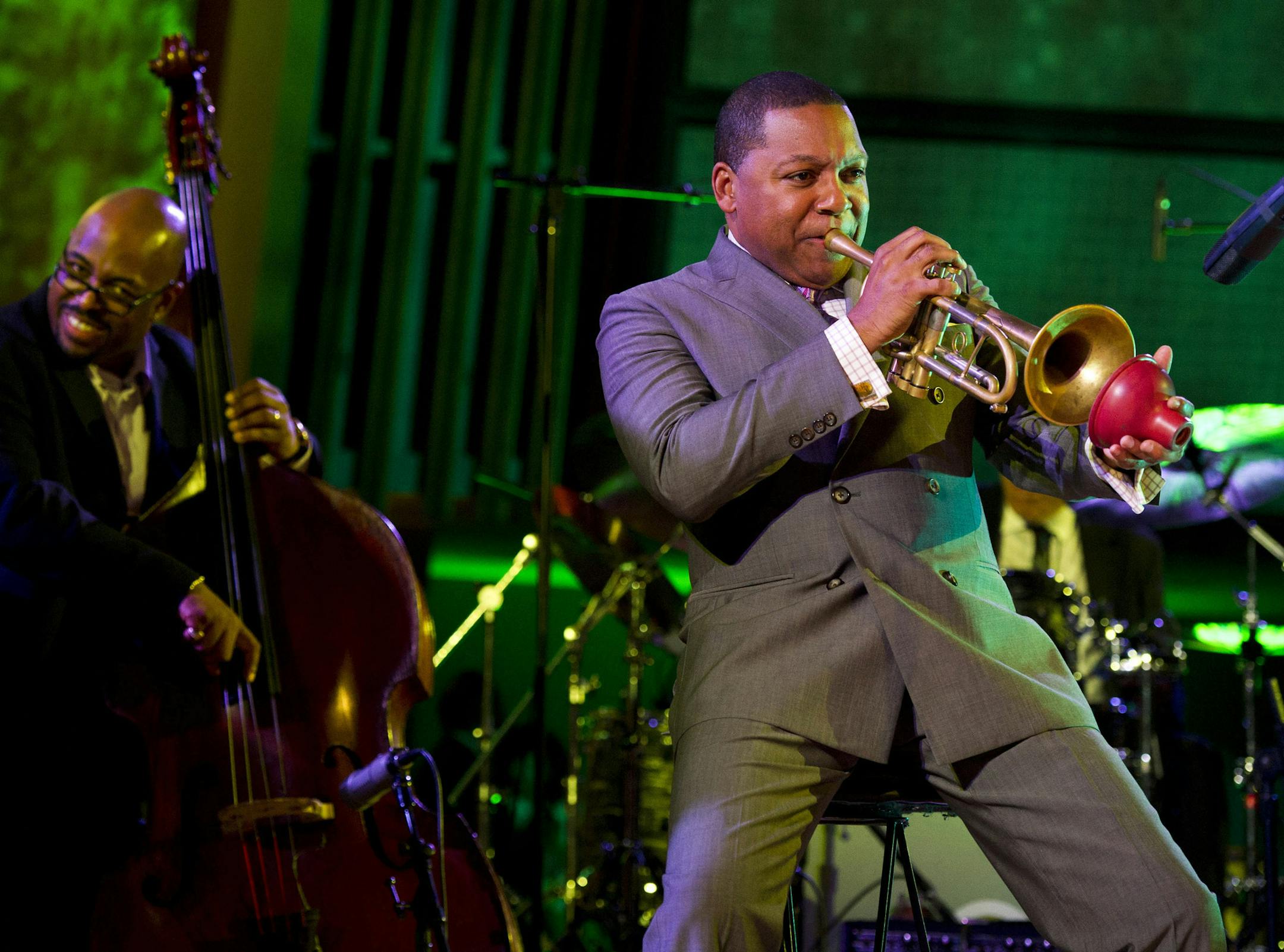 Wynton Marsalis, right, performs during the International Jazz Day Concert held at the United Nations General Assembly Hall in New York, Monday, April 30, 2012.