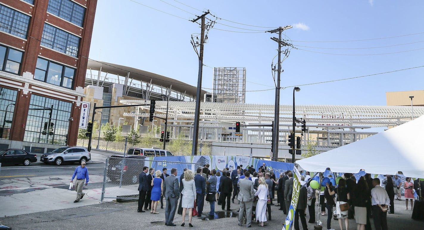 Groundbreaking for Be The Match, a $60 million office building planned for the North Loop Tuesday, July 9, 2014, in Minneapolis, MN. The Ford Building, left, Target Field, center, and Target Field Station, right, are visible in the photo.] (DAVID JOLES/STARTRIBUNE) djoles@startribune Groundbreaking for Be The Match, a $60 million office building planned for the North Loop. The new $60 million office building for Be The Match, the National Bone Marrow donation program's headquarters, signifies a