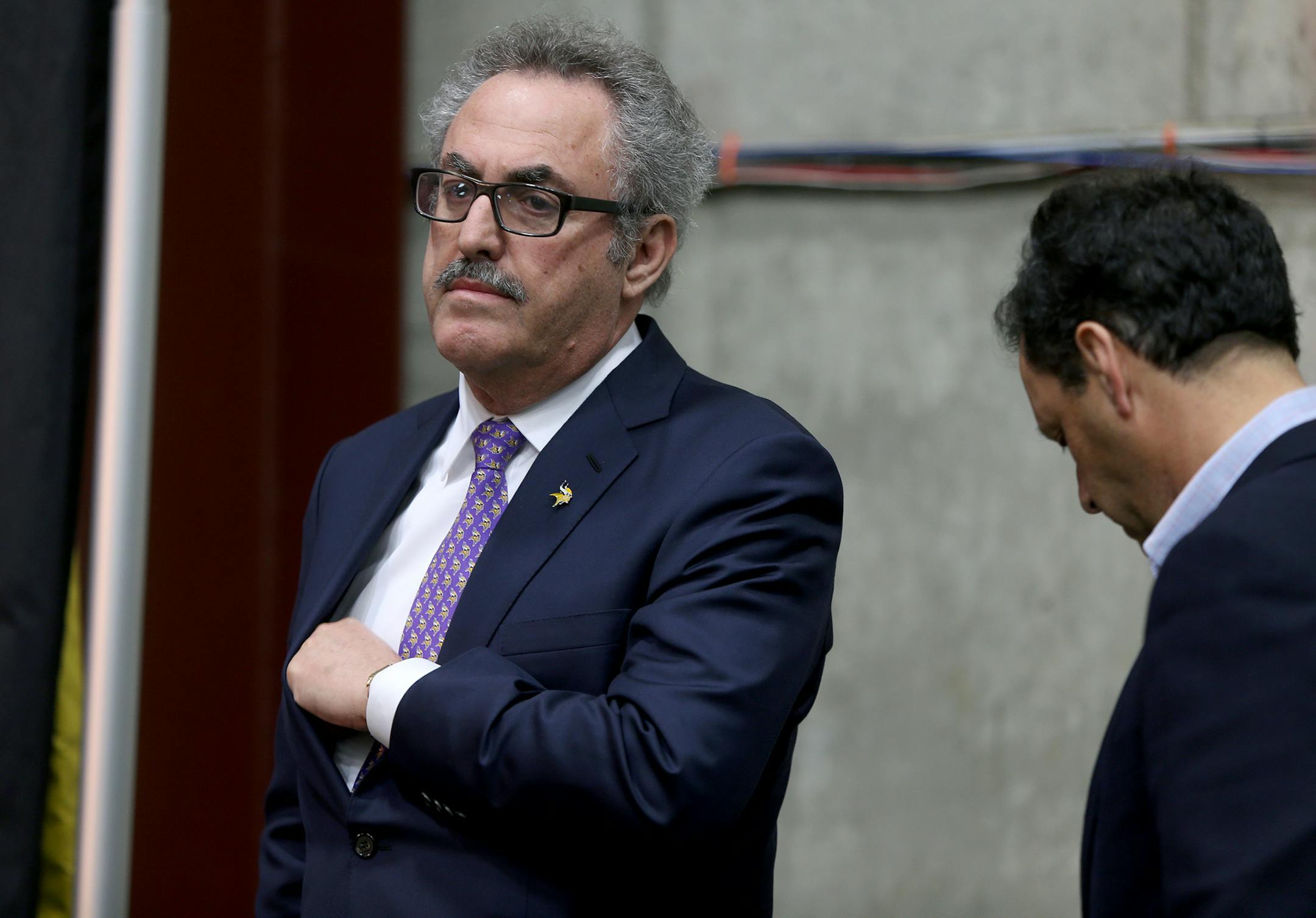Minnesota Vikings Zygi Wilf, left, and Mark Wilf listened as Rick Spielman spoke at a press conference regarding the firing of Leslie Frazier, Monday, December 30, 2013 at Winter Park in Eden Prairie, MN. (ELIZABETH FLORES/STAR TRIBUNE) ELIZABETH FLORES &#x2022; eflores@startribune.com