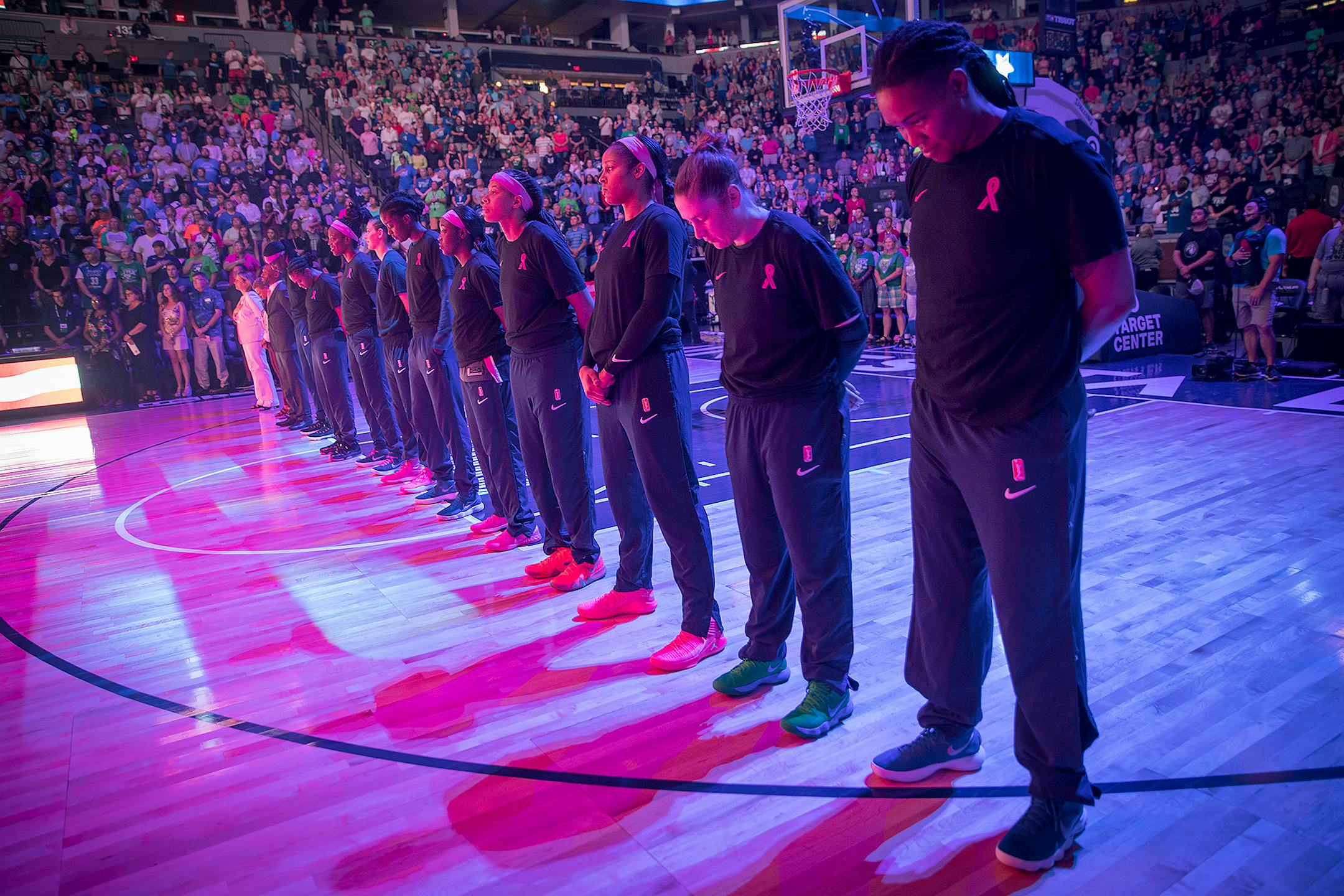 Minnesota Lynx players took to the court for the National Anthem before they took on the Seattle Storm at the Target Center, Sunday, August 12, 2018 in Minneapolis, MN. ] ELIZABETH FLORES ï liz.flores@startribune.com