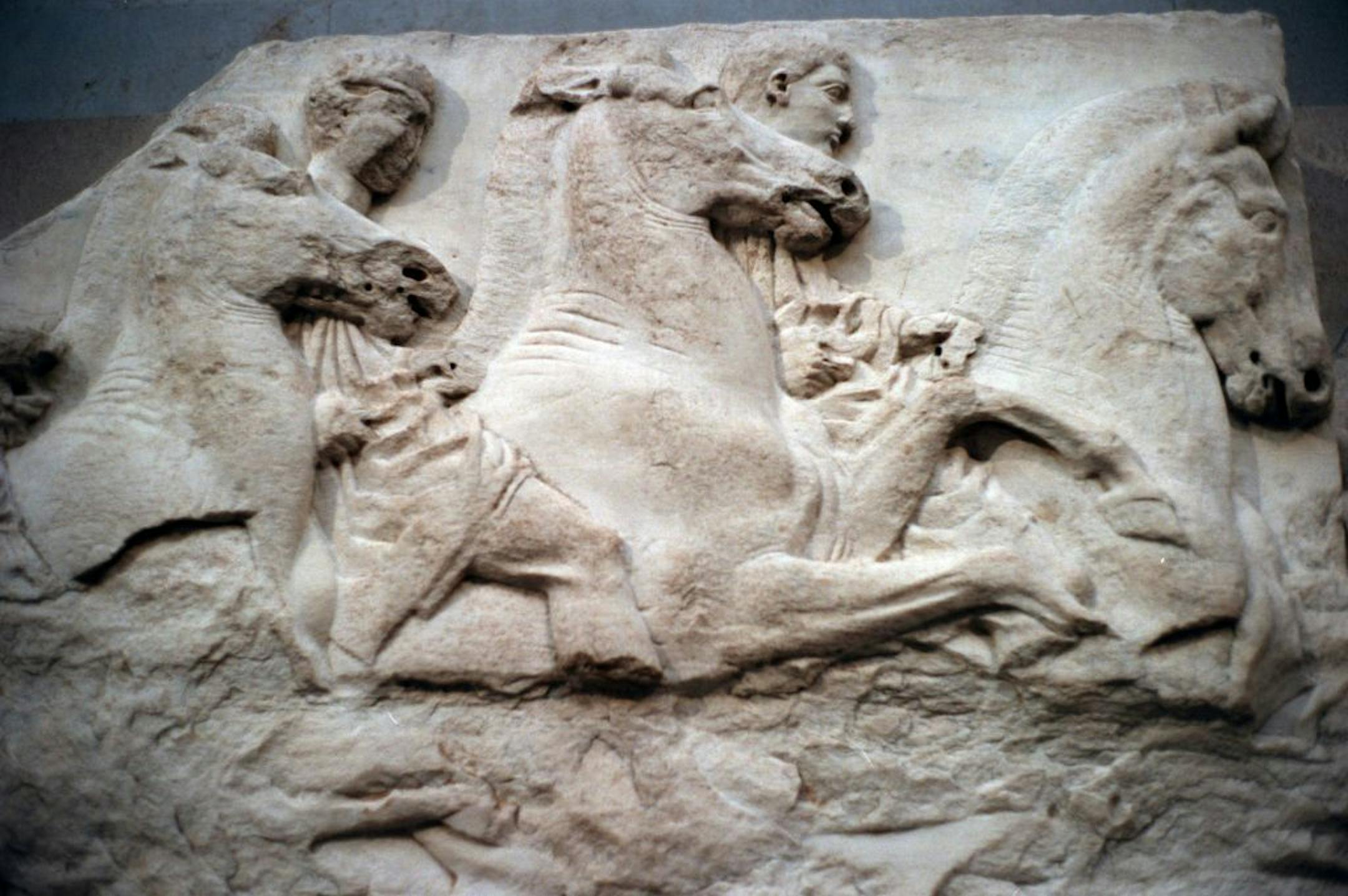 The Elgin Marbles, originally part of the Parthenon in Athens, reside in a gallery of the British Museum.