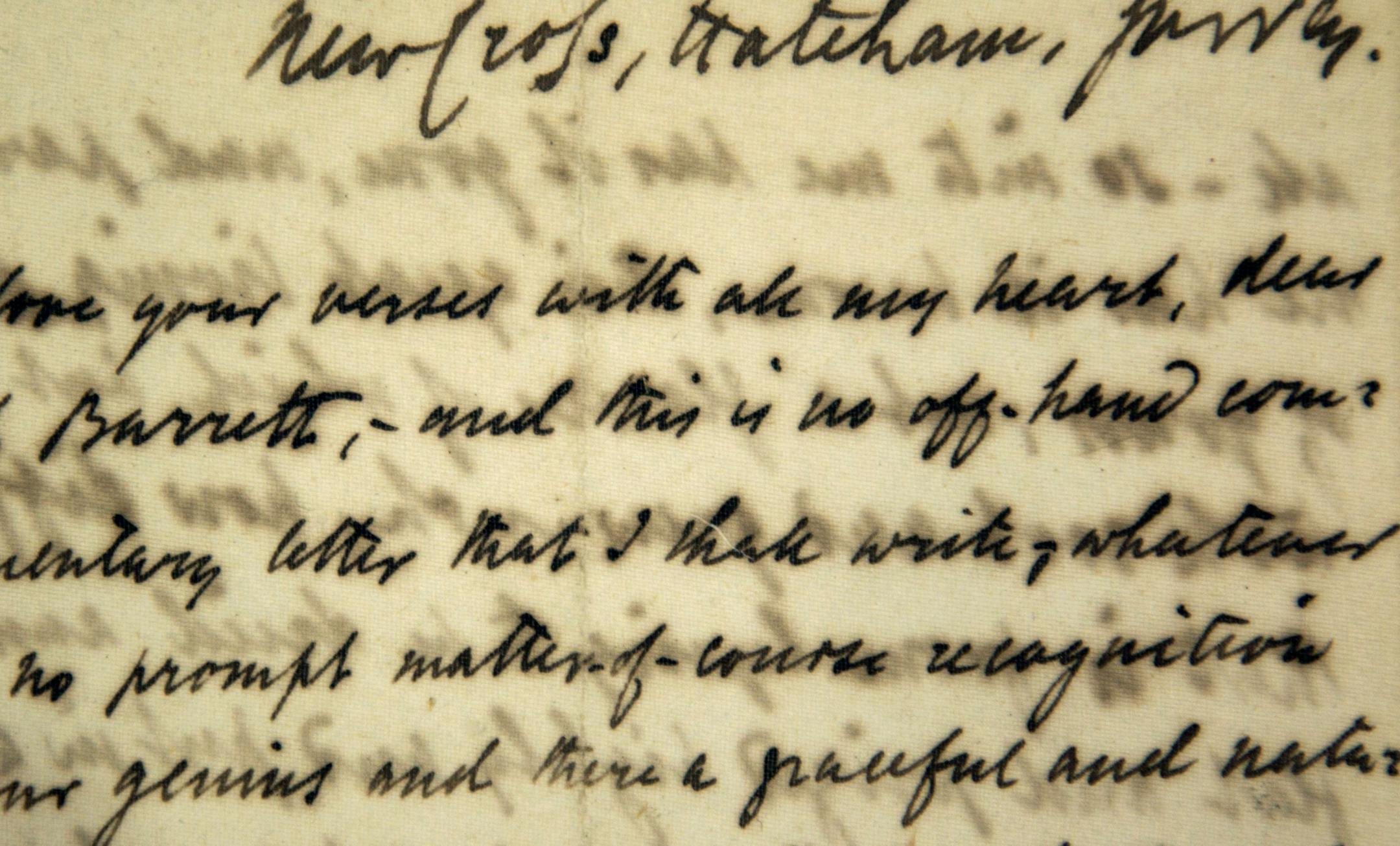 This Friday, Feb. 10, 2012 photo shows a detail of the first love letter sent by poet Robert Browning to poet Elizabeth Barrett in January of 1845, on display at the Margaret Clapp Library on the campus of Wellesley College, in Wellesley, Mass. The letter begins: "I love your verses with all my heart, dear Miss Barrett." Beginning Valentine's Day Feb. 14, 2012 the famous love letters of Elizabeth Barrett and Robert Browning will be available on line as part of a digitization collaboration betwee