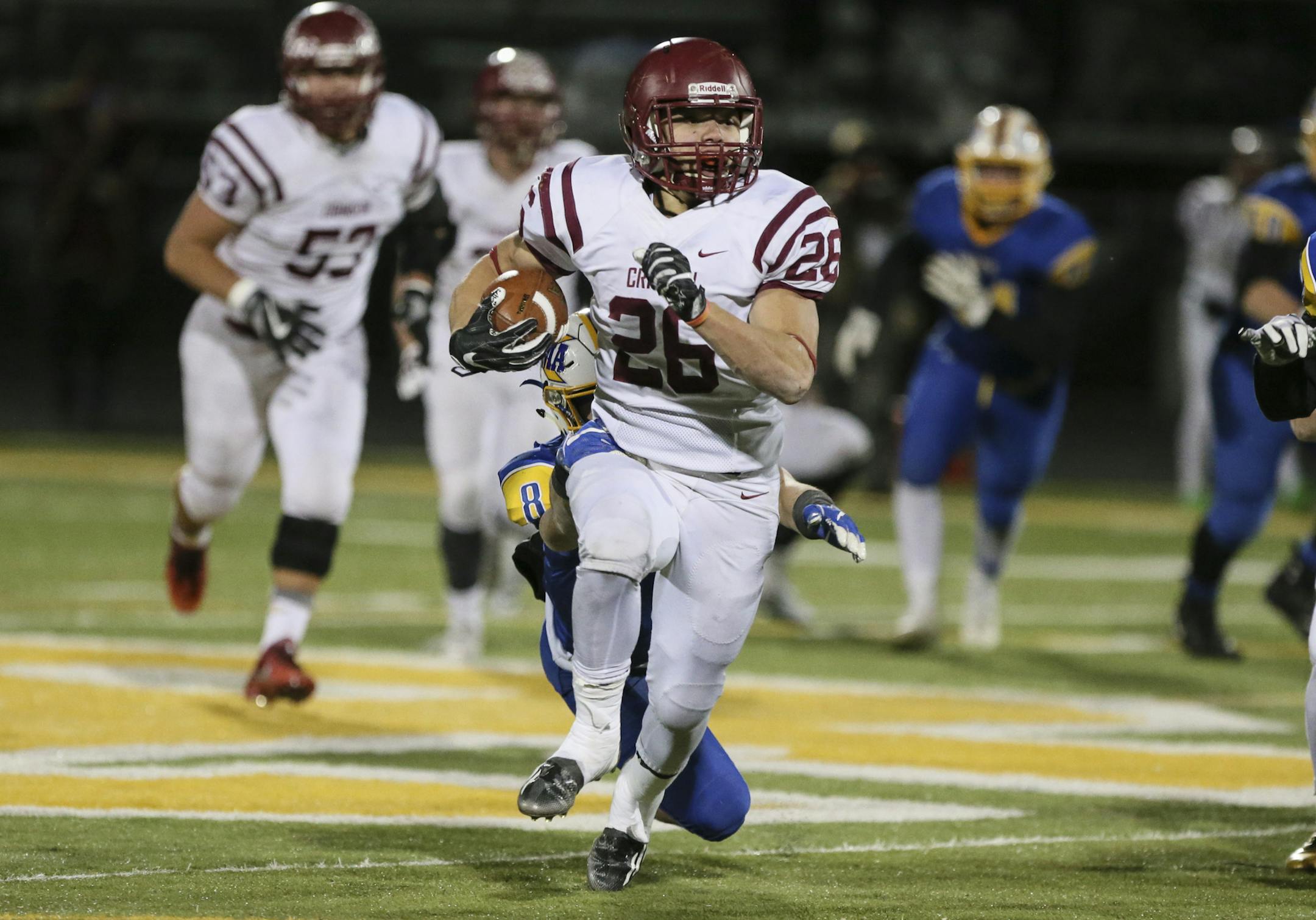 Maple Grove's Evan Hull (26) ran 104 yards against St. Michael-Albertville. ] RENEE JONES SCHNEIDER • renee.jones@startribune.com Class 6A quarterfinals between St. Michael-Albertville and Maple Grove on Thursday, November 9, 2017, in Brooklyn Park, Minn. ORG XMIT: MIN1711092157365777