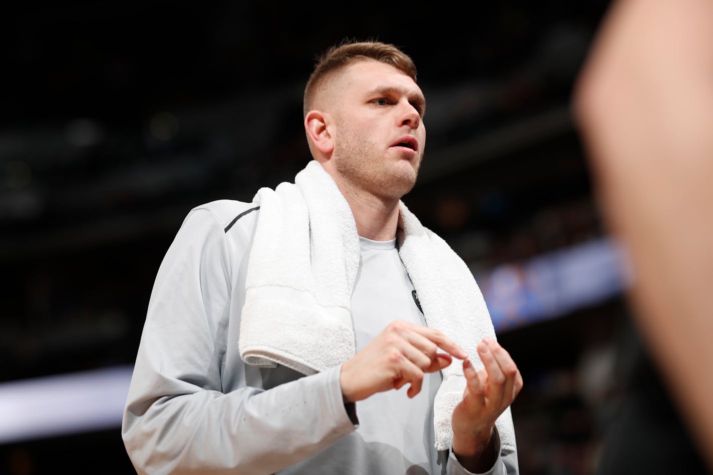 Minnesota Timberwolves center Cole Aldrich (45) in the first half of an NBA basketball game Thursday, April 5, 2018, in Denver. (AP Photo/David Zalubowski)