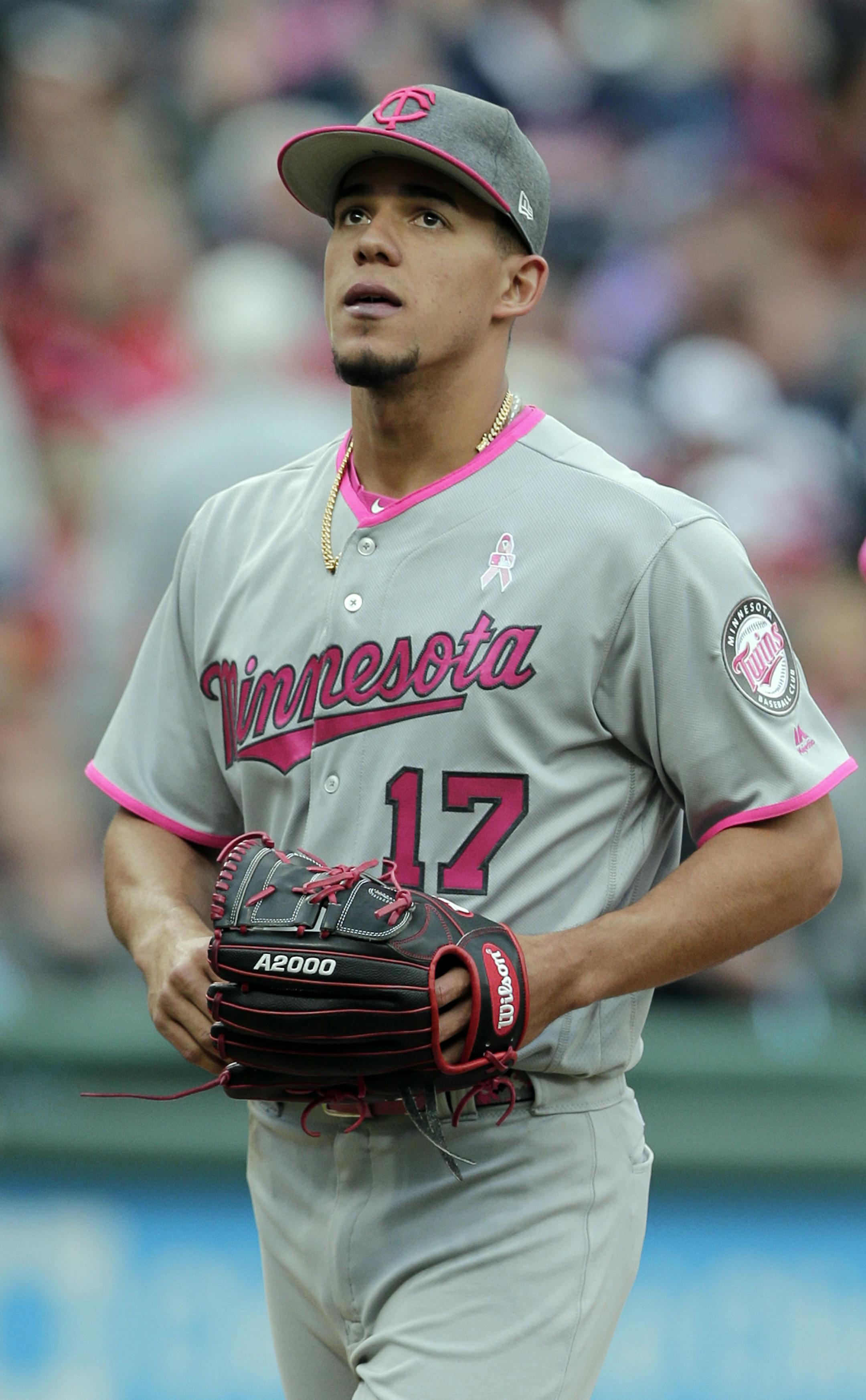 Minnesota Twins starting pitcher Jose Berrios looks up as he leaves a baseball game in the eighth inning against the Cleveland Indians, Saturday, May 13, 2017, in Cleveland. (AP Photo/Tony Dejak)