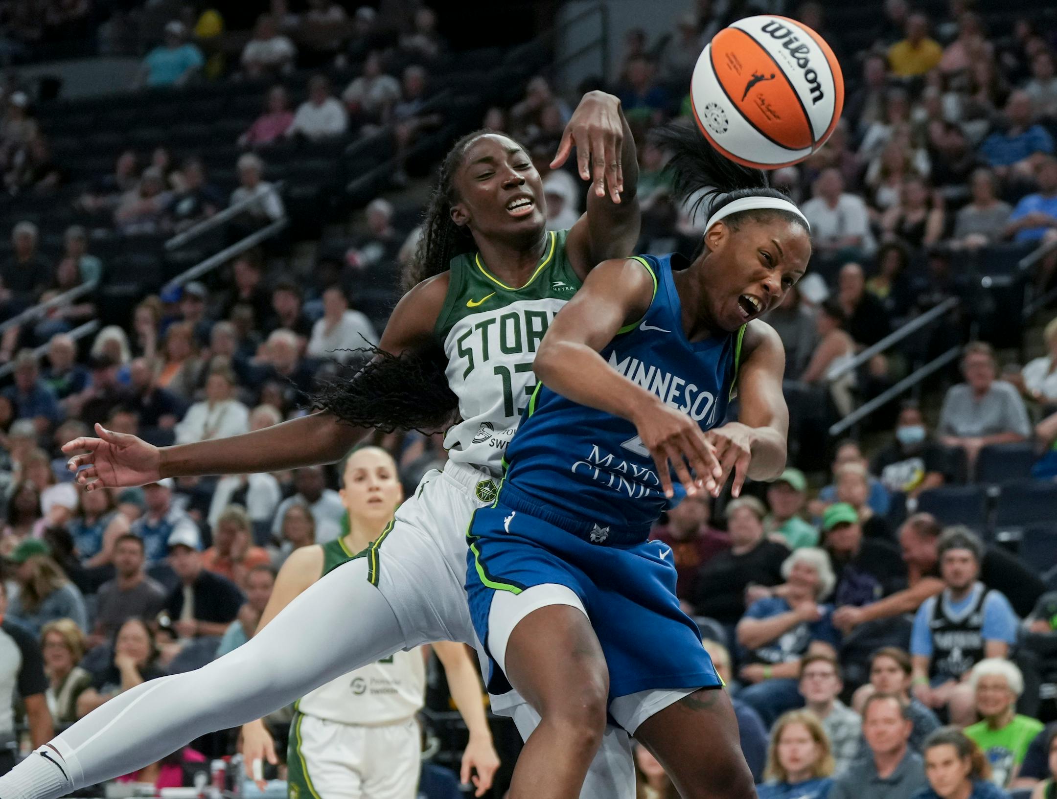 Minnesota Lynx guard Lindsay Allen (2) stops Seattle Storm center Ezi Magbegor (13) from scoring in the first half. The Minnesota Lynx hosted the Seattle Storm on Tuesday, June 27, 2023 at the Target Center in Minneapolis.