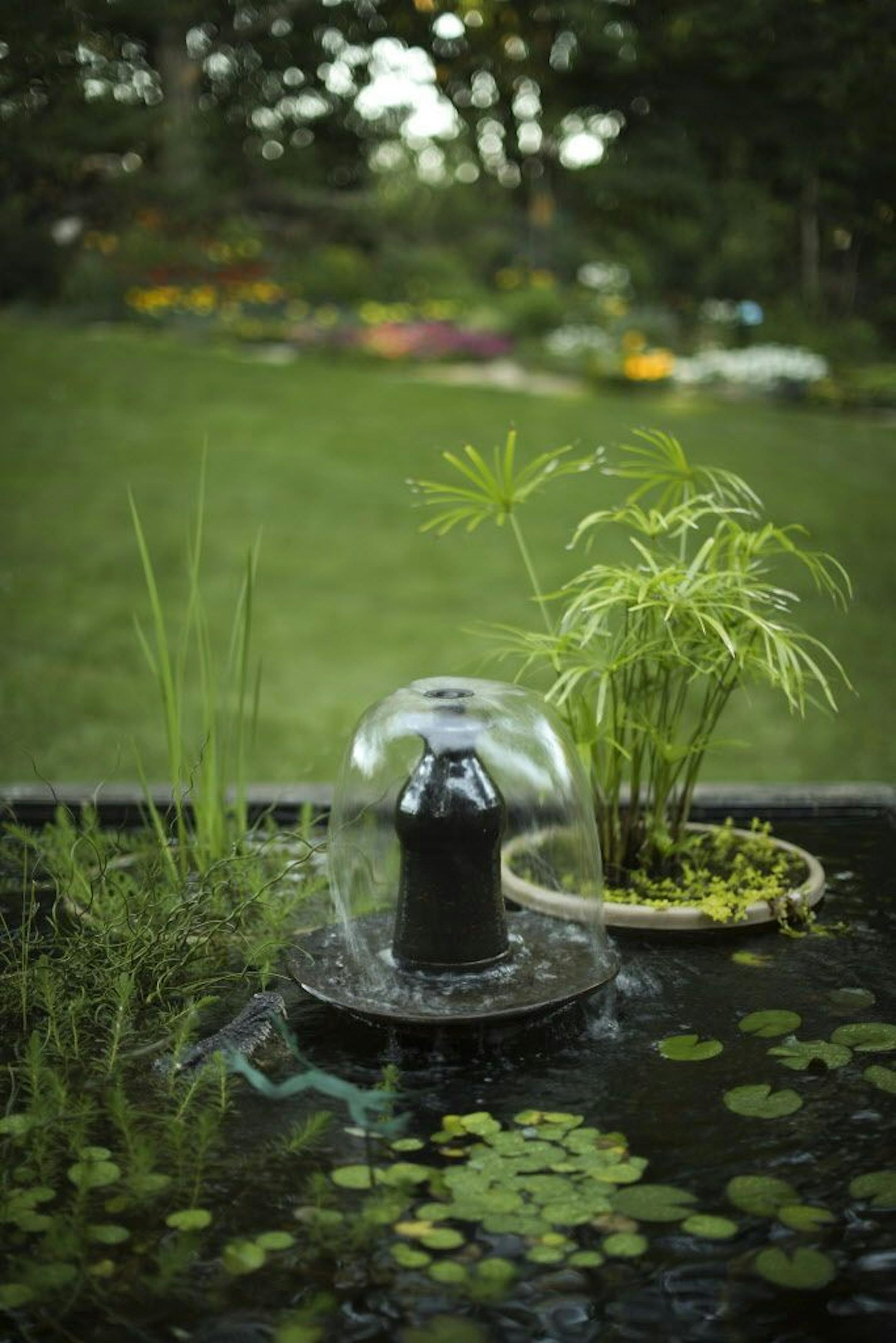 A fountain in the Waldowskis' backyard garden.