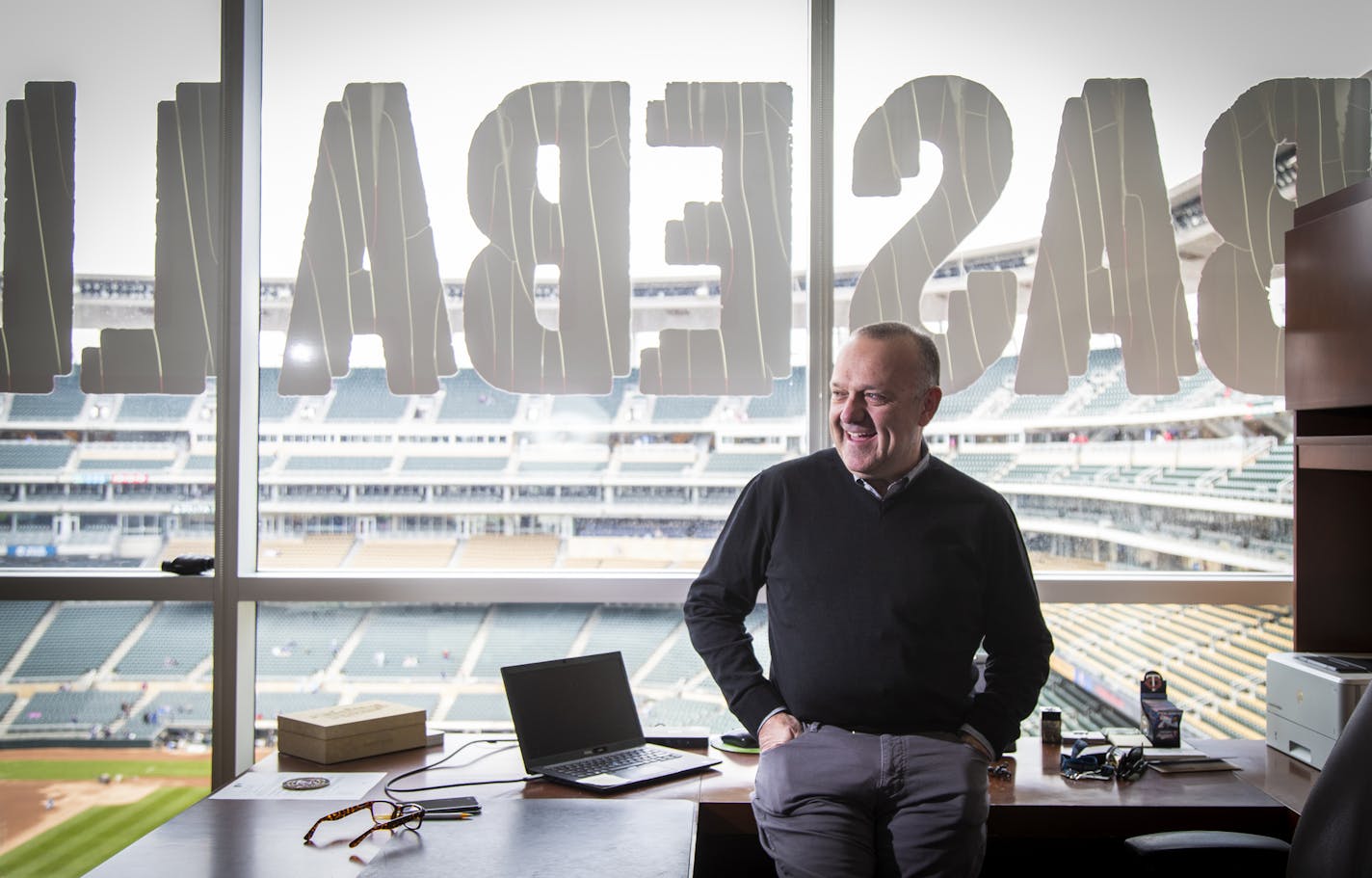 Dave St. Peter poses for a portrait inside his office at Target Field. ] LEILA NAVIDI &#xa5; leila.navidi@startribune.com BACKGROUND INFORMATION: Dave St. Peter, president and CEO of the Twins, photographed at Target Field on Saturday, May 11, 2019.