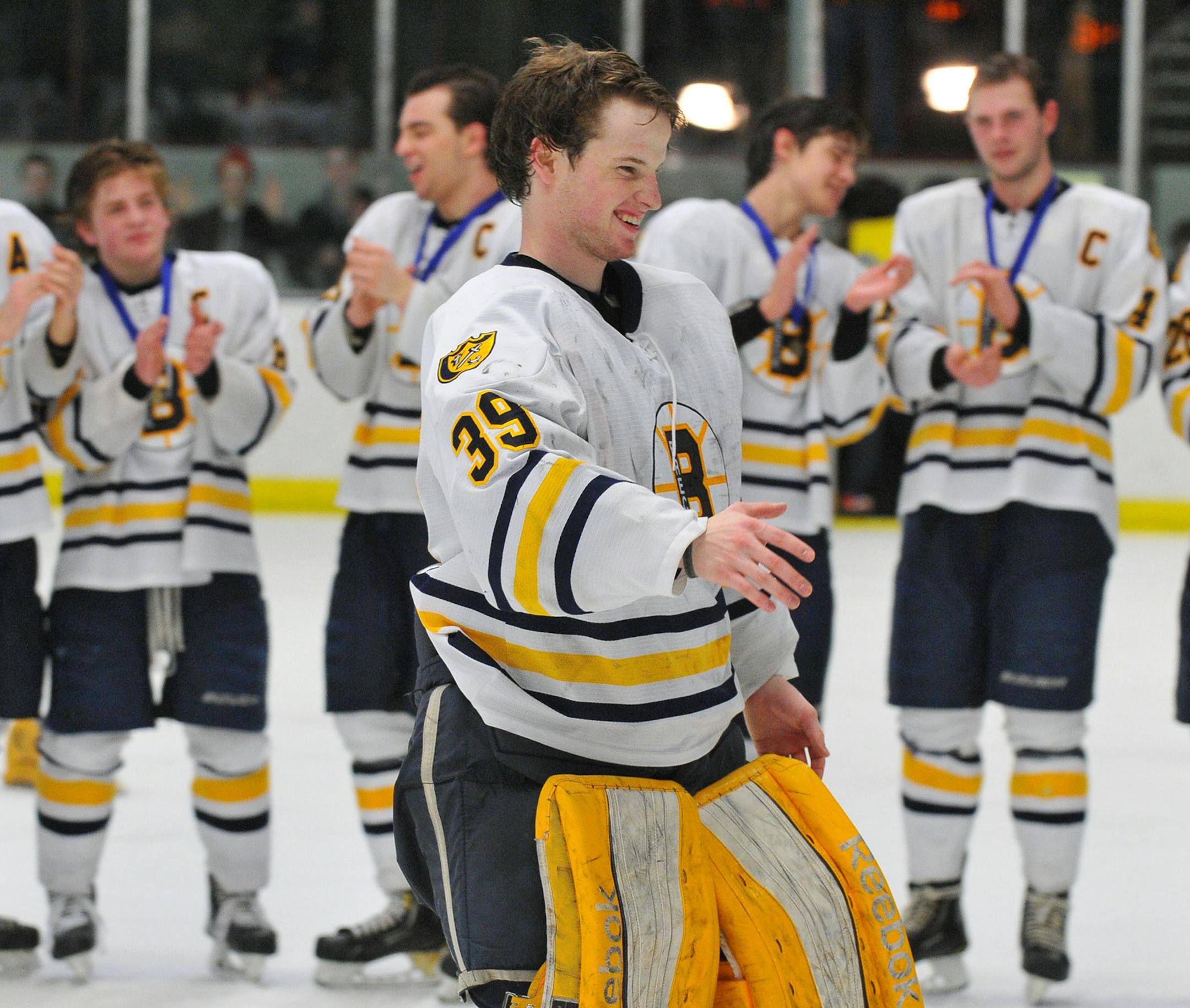 Breck goalie Stephen Headrick, Section 2A final vs. Delano, Feb. 26, 2015. Photo by Rick Orndorf