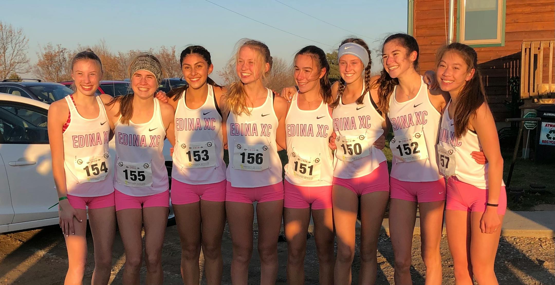 The Edina girls' cross-country team won the large-school division of the TC Running Company Showcase on Friday at Island Pine Golf Course in Atwater, Minn. From left, Haley Rogers, Mary Velner, Macy Iyer, Maggie Wagner, Ella Hinkie, Lauren Cossack, Emma Hudson and Abby Winter.