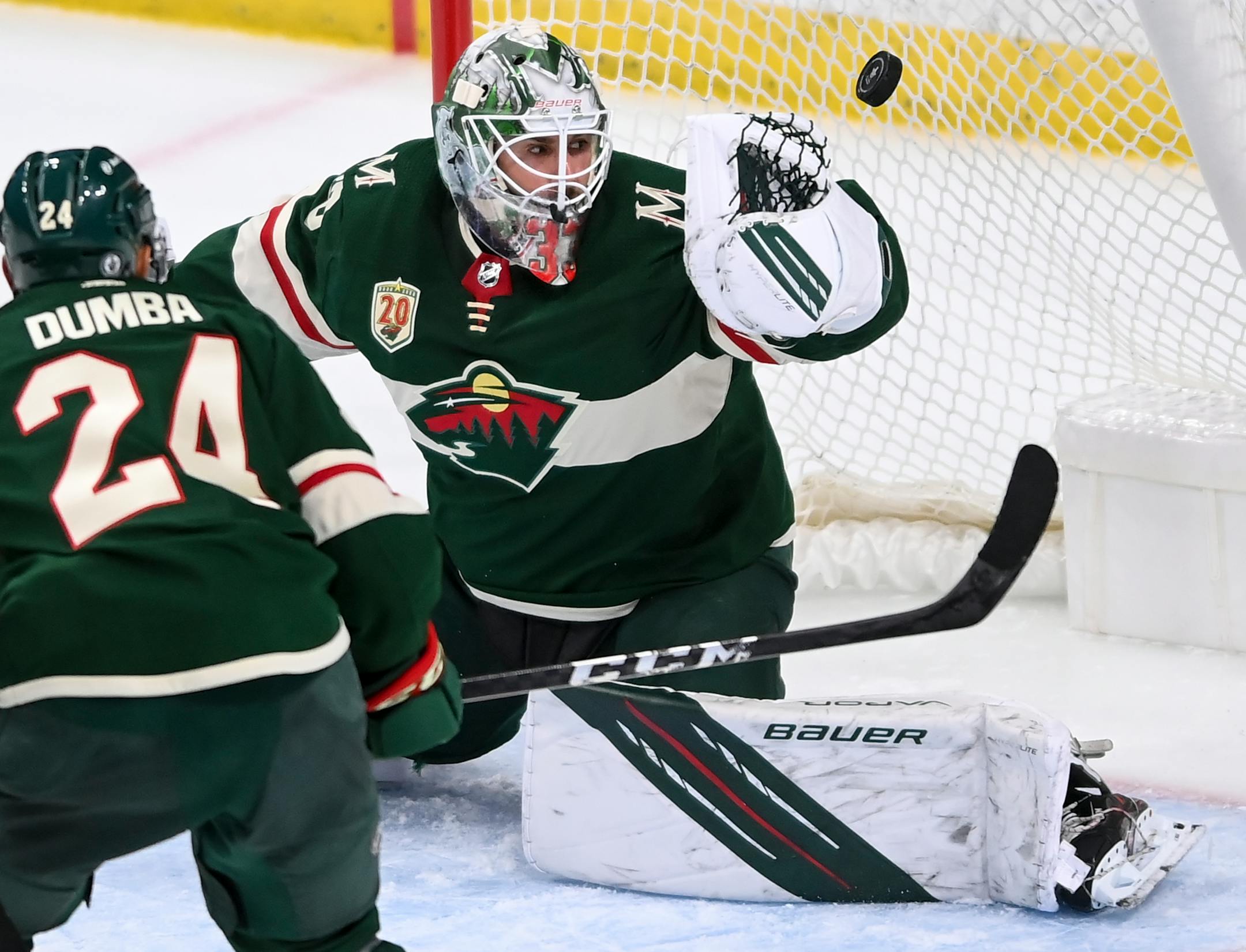 A shot by Vegas Golden Knights center Patrick Brown (38) went past the glove of Minnesota Wild goaltender Cam Talbot (33) for the game-tying goal in the second period.