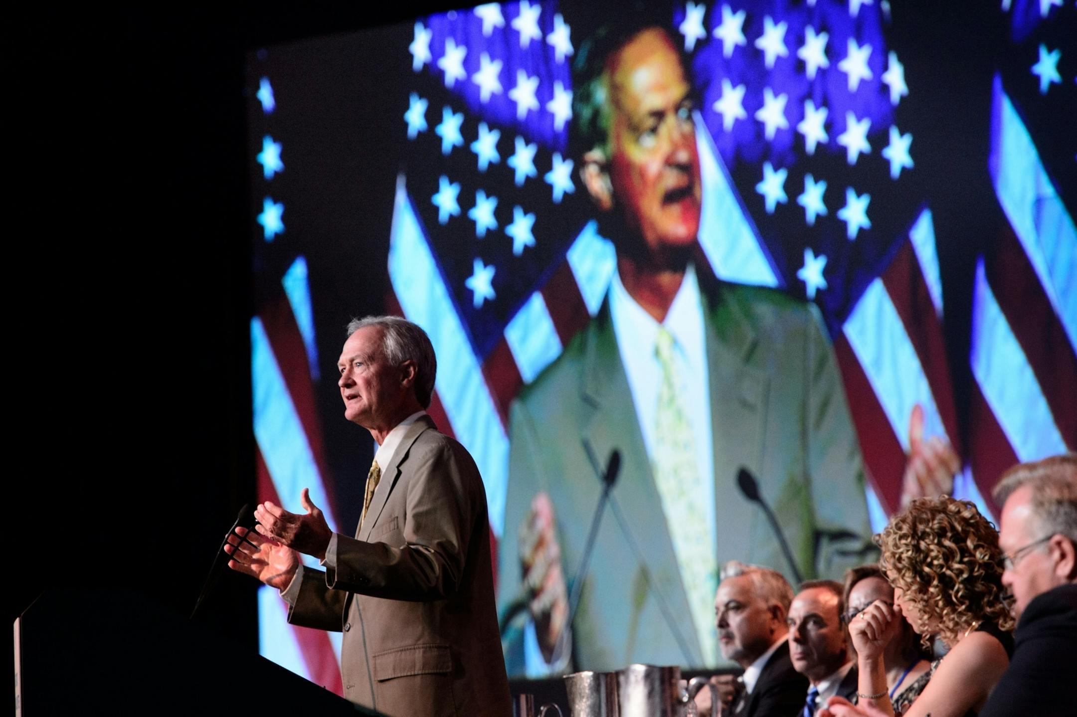 Democratic presidential candidate Lincoln Chafee spoke to the DNC summer meeting in Minneapolis.