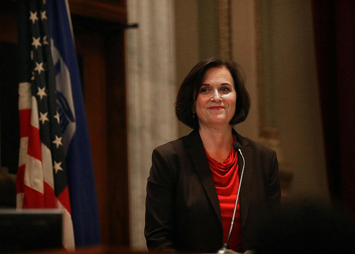 Minneapolis Mayor Betsy Hodges paused for a moment as she delivered the budget address. ] JIM GEHRZ &#x201a;&#xc4;&#xa2; jgehrz@startribune.com / Minneapolis, MN / August 14, 2014 / 11:00 AM / BACKGROUND INFORMATION: Minneapolis Mayor Betsy Hodges delivered her first budget address before the City Council in the Minneapolis City Hall City Council Chambers. ORG XMIT: MIN1408141323556022 ORG XMIT: MIN1408191209317520