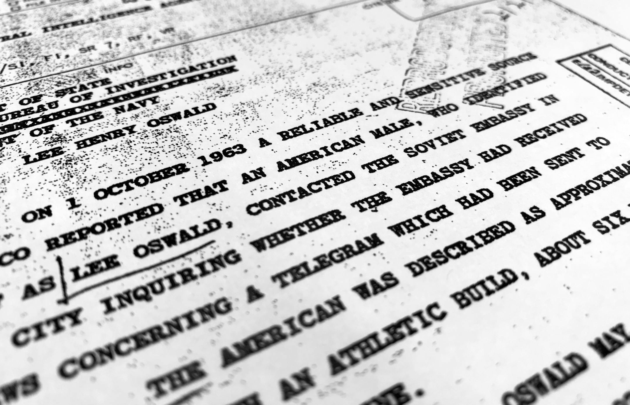 Part of a file from the CIA, dated Oct. 10, 1963, details "a reliable and sensitive source in Mexico" report of Lee Harvey Oswald's contact with the Soviet Union embassy in Mexico City, that was released for the first time on Friday, Nov. 3, 2017, by the National Archives. Documents show U.S. officials scrambling after the assassination of President John F. Kennedy to round up information about Lee Harvey Oswald's trip to Mexico City weeks earlier. (AP Photo/Jon Elswick)