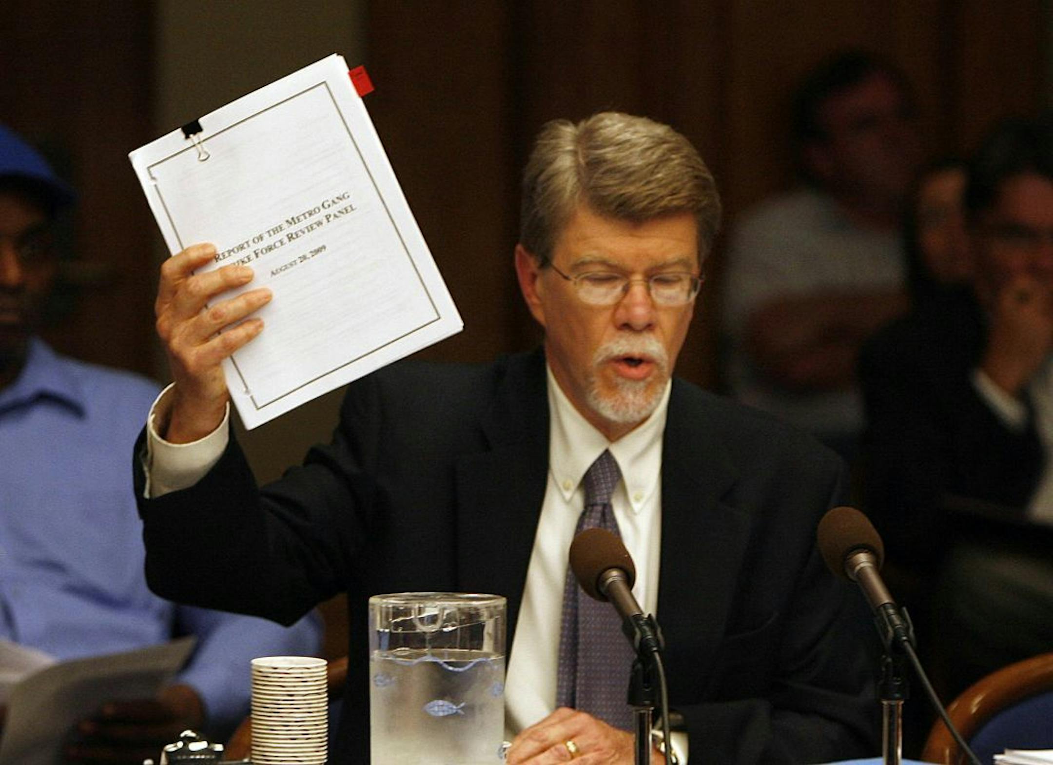 JIM GEHRZ � jgehrz@startribune.com St. Paul/August 26, 2009/2:00 PM James Nobles, the Minnesota legislative auditor, testified at a joint hearing of four legislative committees from the House and Senate on the Metro Gang Strike Force at the Capitol.
