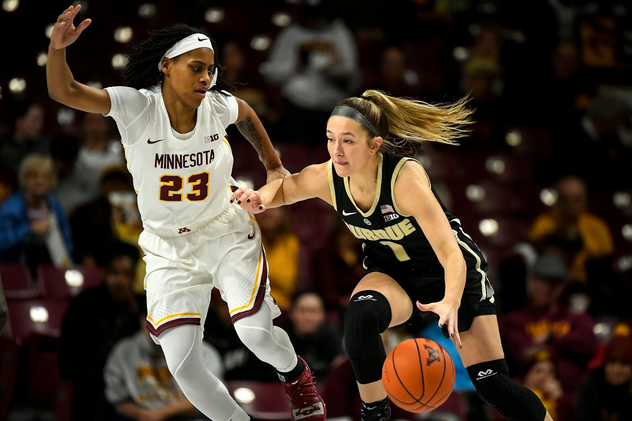 Gophers guard Kenisha Bell guarded Purdue guard Karissa McLaughlin