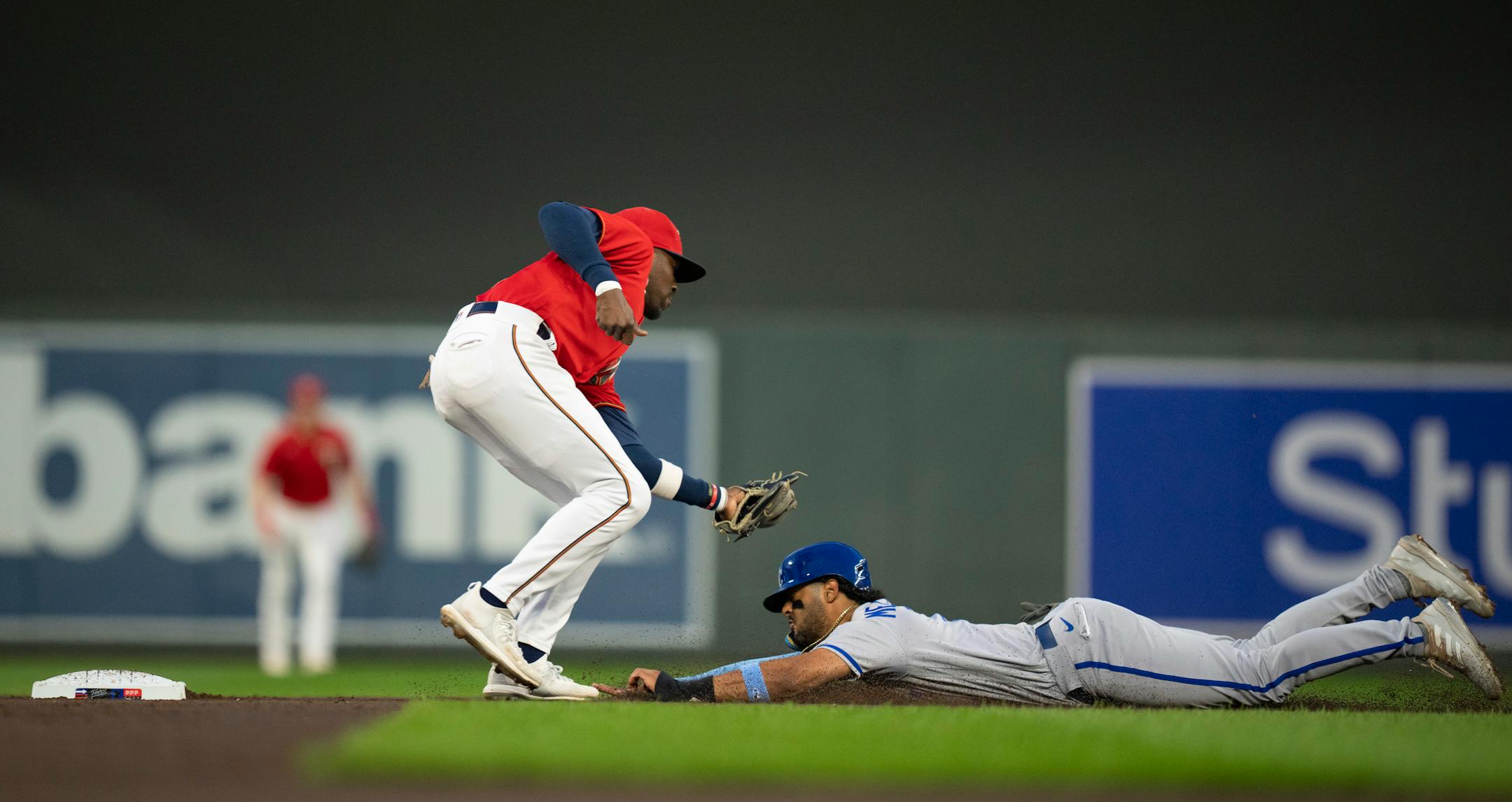 Minnesota Twins second baseman Nick Gordon reached to tag Kansas City Royals left fielder MJ Melendez as he tried to steal second base in the third inning.