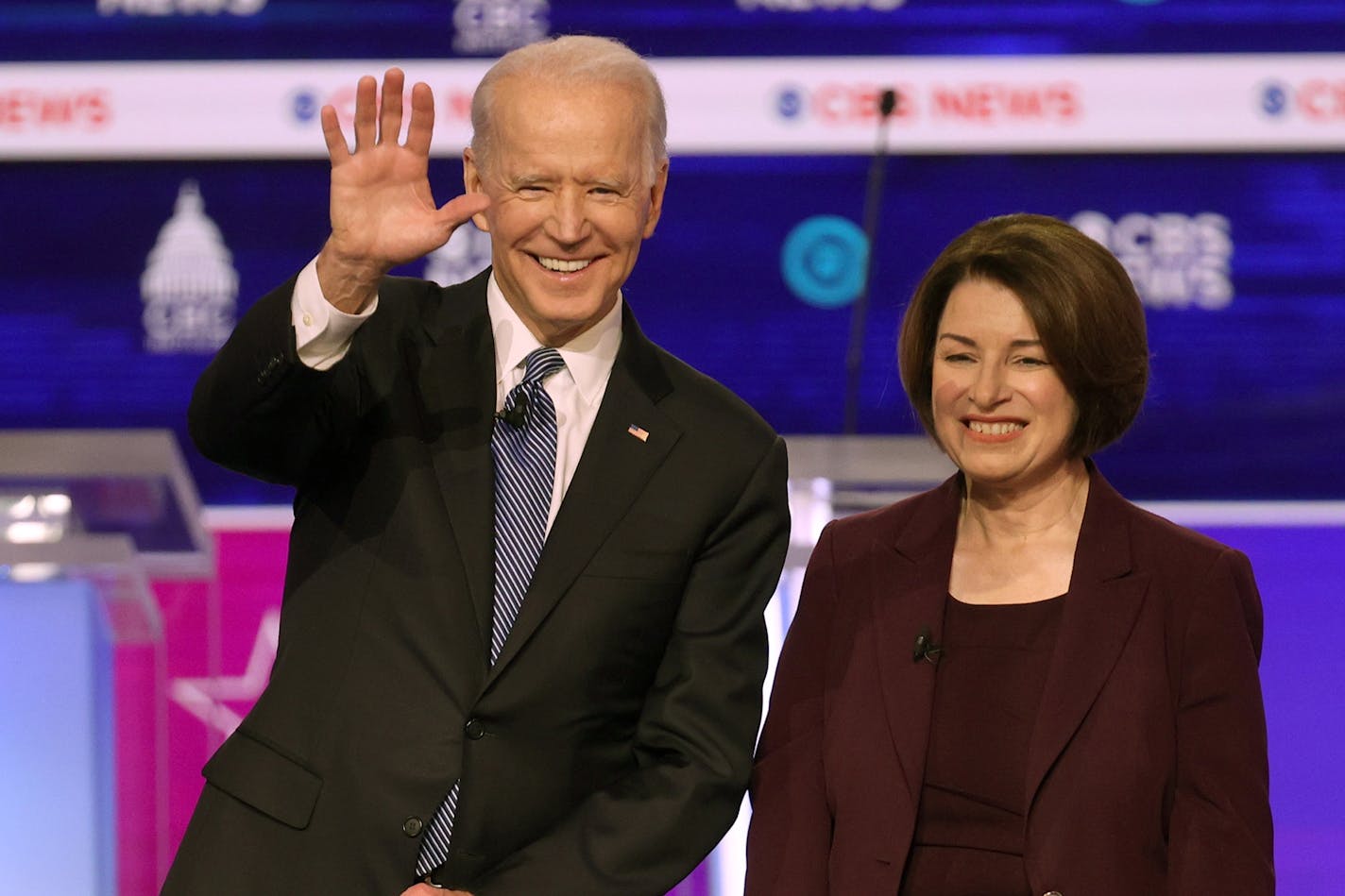 Democratic presidential candidates Vice President Joe Biden, left, and Sen. Amy Klobuchar (D-Minn.) during the Democratic presidential primary debate at the Charleston Gaillard Center on Tuesday, Feb. 25, 2020, in Charleston, S.C.