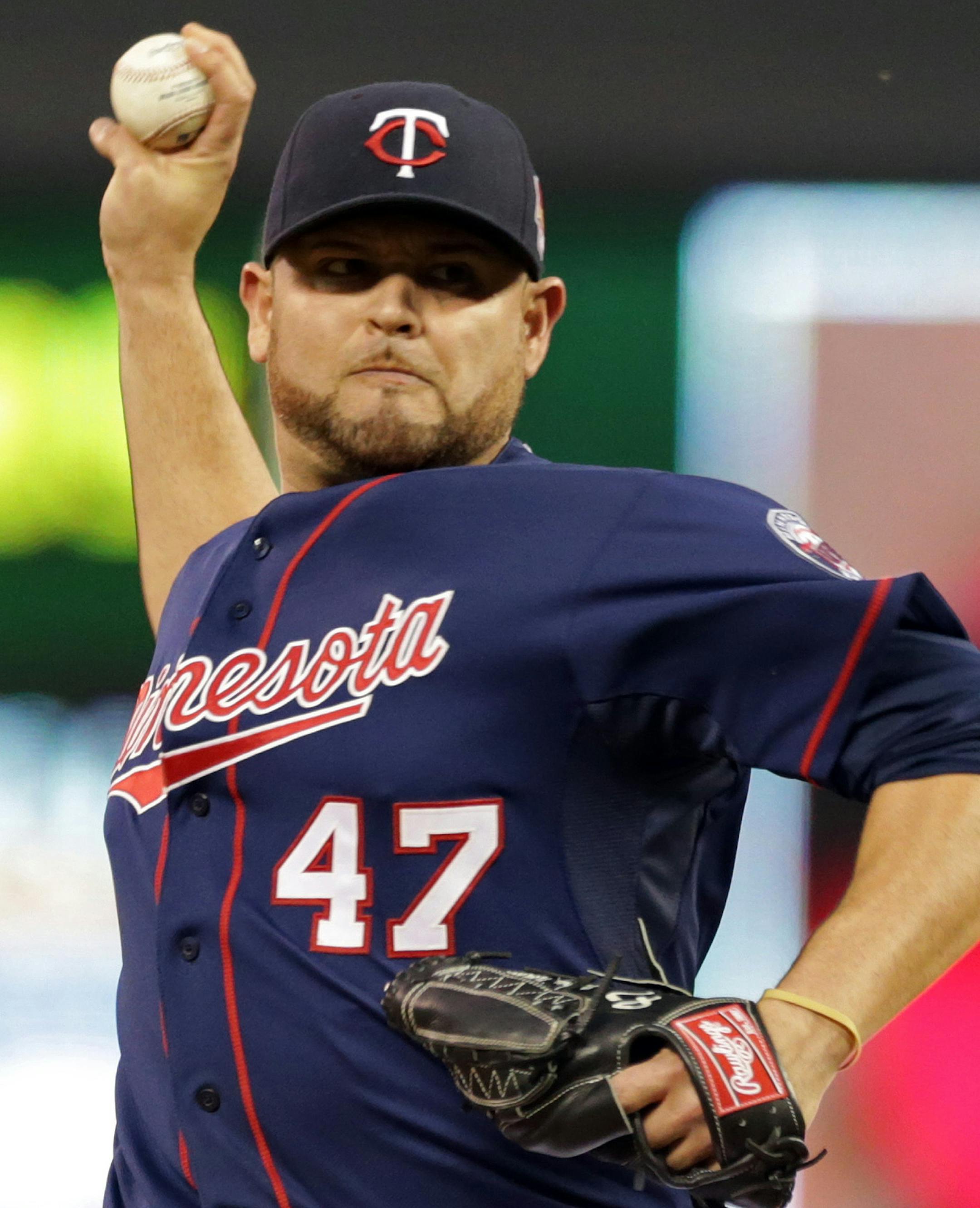 Minnesota Twins pitcher Ricky Nolasco throws against the Arizona Diamondbacks in the first inning of a baseball game, Monday, Sept. 22, 2014, in Minneapolis. (AP Photo/Jim Mone)