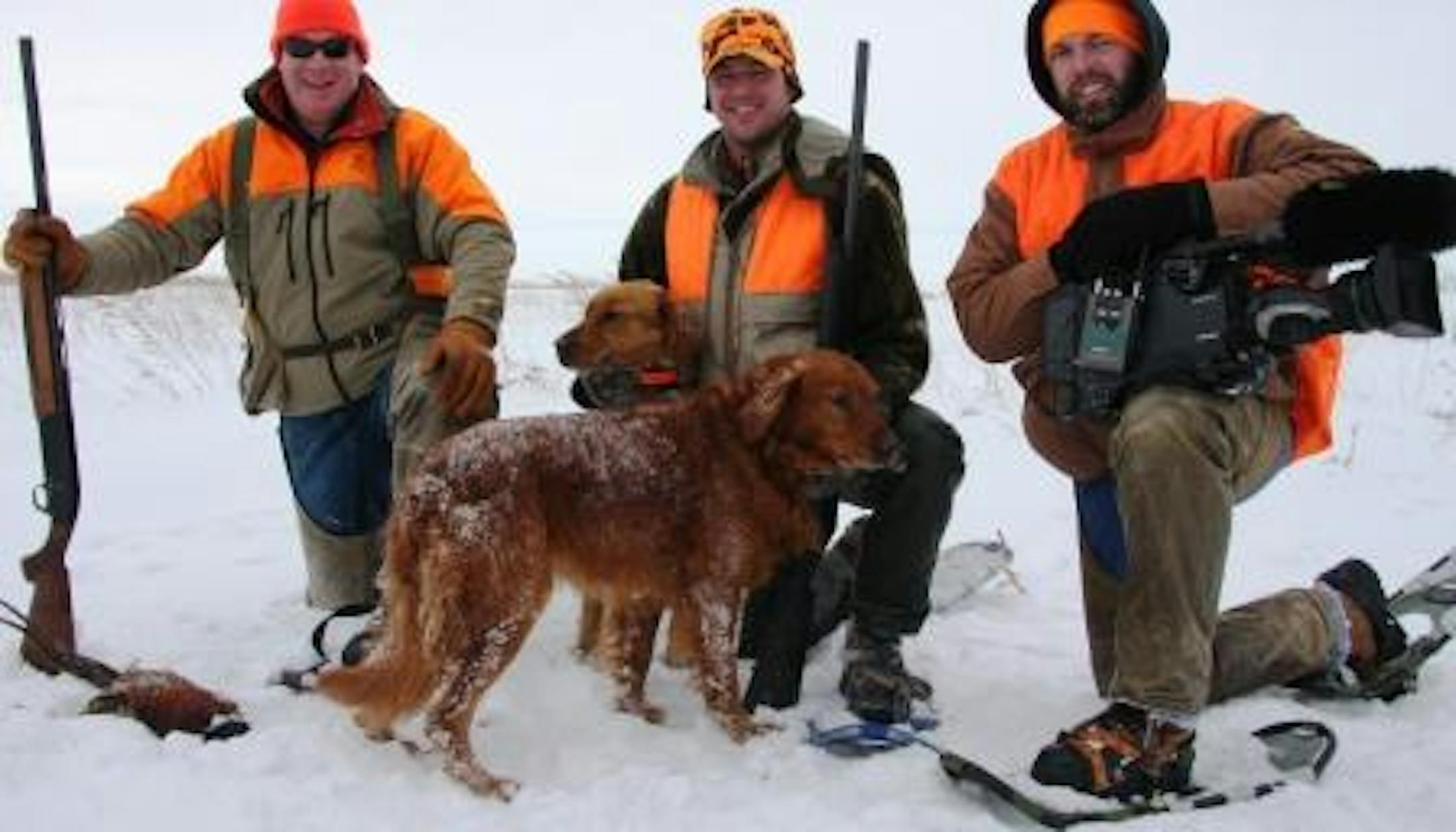 From left, Bill Sherck, John Maile and Aaron Achtenberg. This snowshoe pheasant hunt will air next season on Pheasants Forever TV.