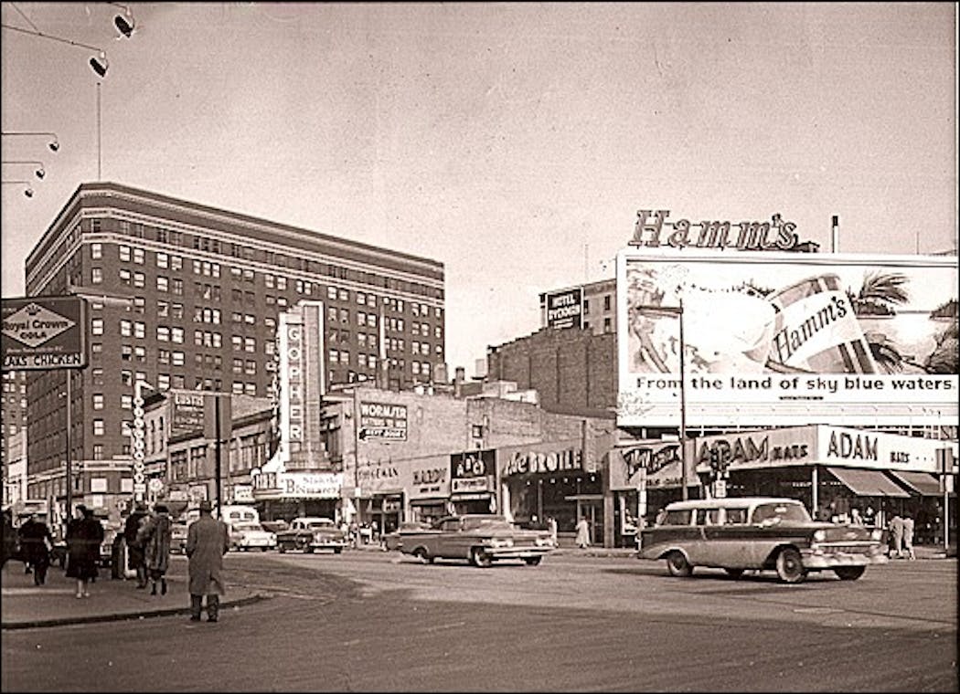 The corner of 7th and Hennepin in 1960, where Fogo de Chao and a parking ramp now stand.