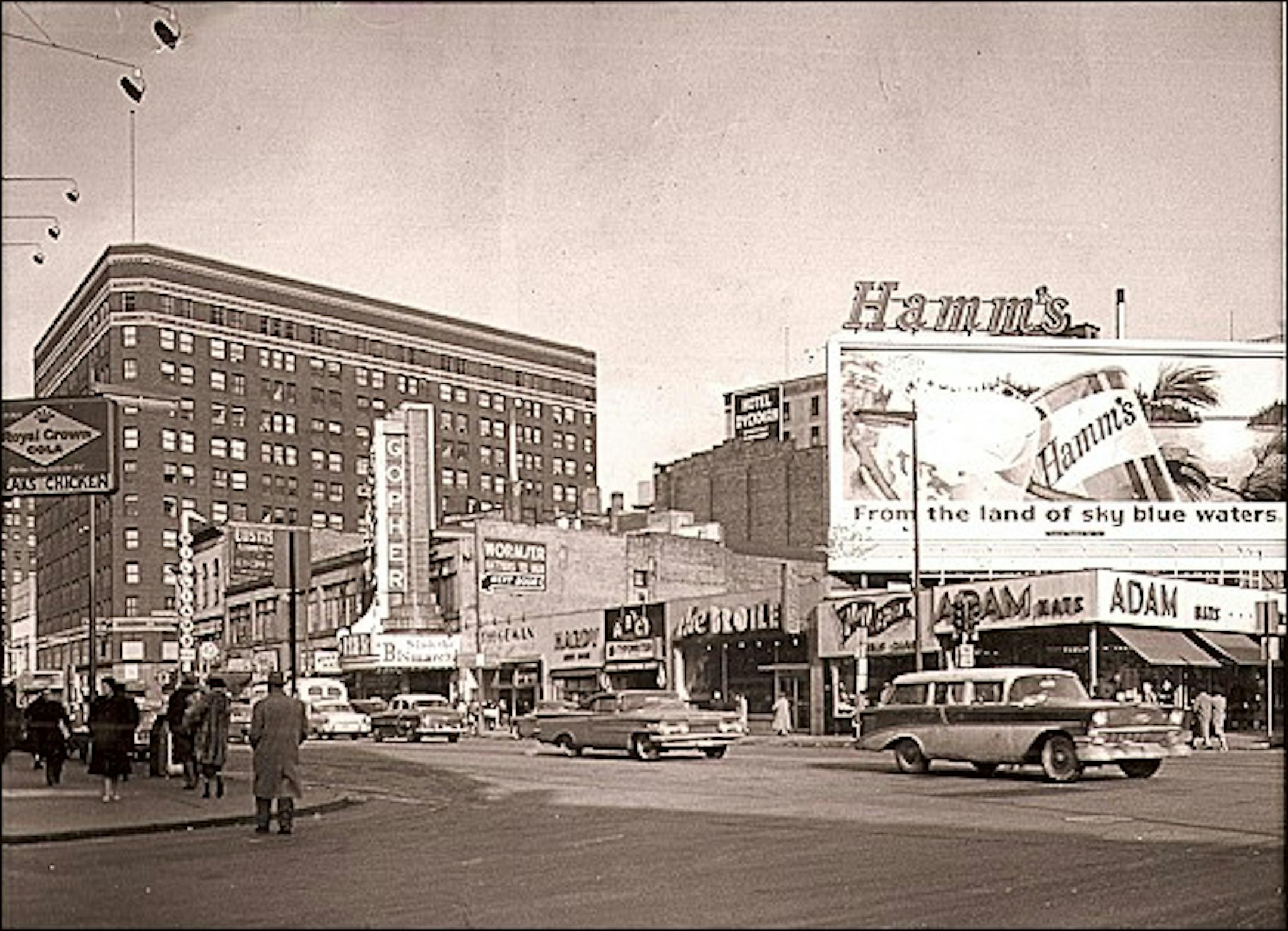The corner of 7th and Hennepin in 1960, where Fogo de Chao and a parking ramp now stand.