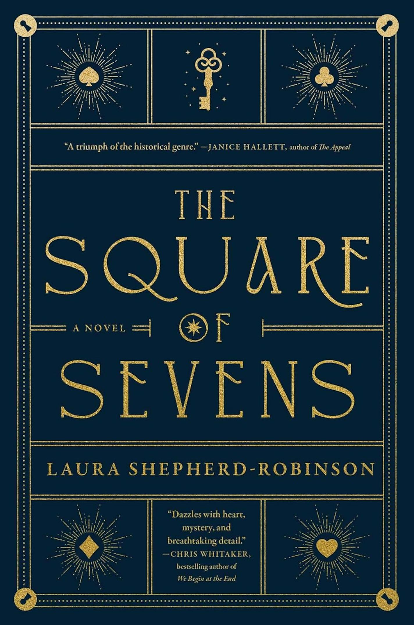 cover of The Square of Sevens is dark blue, with gold symbols of the card suits