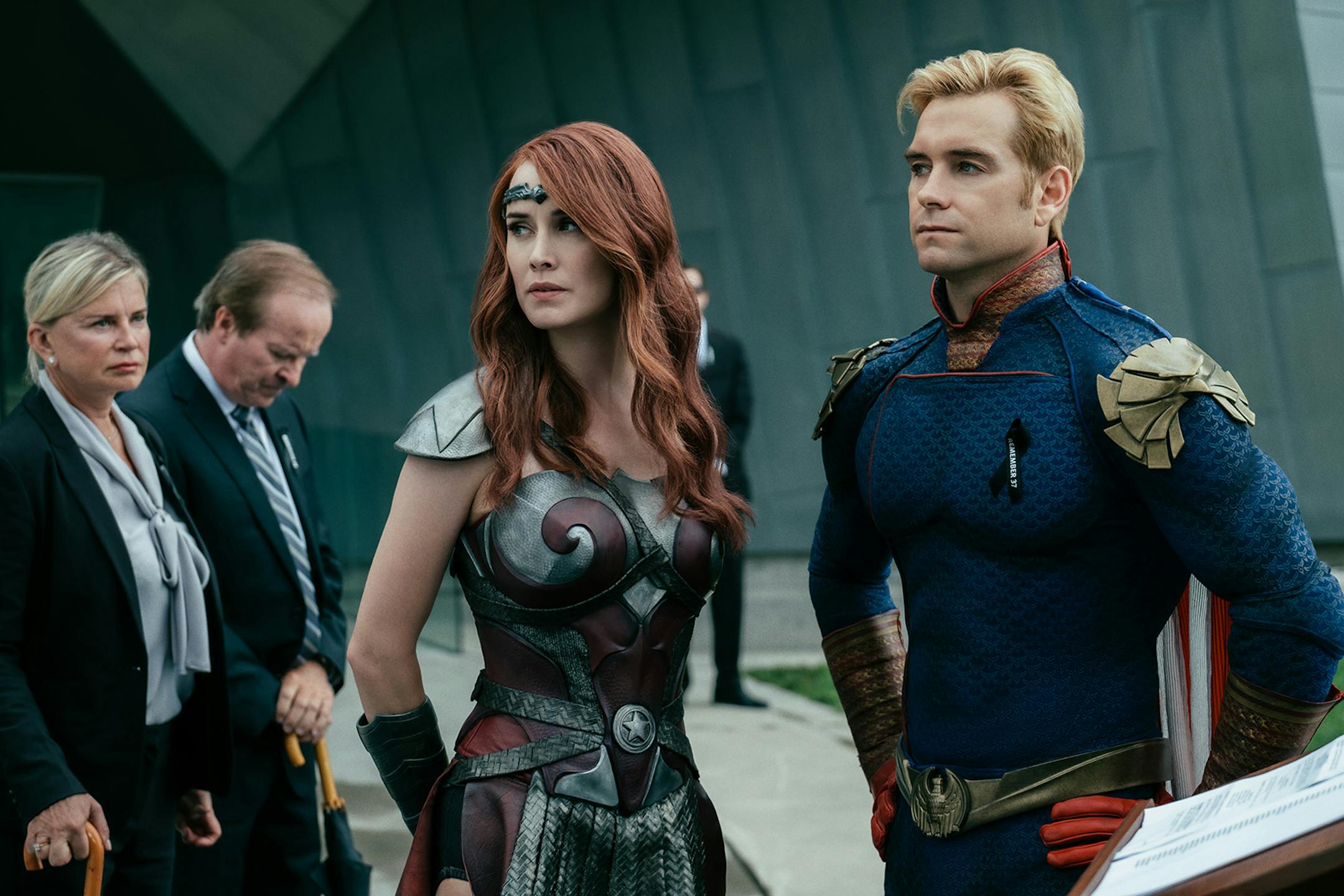 Homelander (Antony Starr, right) is the sociopathic Superman analog in "The Boys," who has closeted lesbian Wonder Woman analog Queen Maeve (Dominique McElligott, center) under his thumb, along with the rest of The Seven, a thinly veiled Justice League. (Jan Thijs/Amazon Prime/TNS) ORG XMIT: 1377336