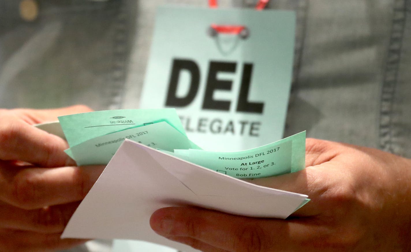 Park Board at large ballots are collected during the first ballot at the Minneapolis DFL convention Saturday, July 8, 2017, at the Minneapolis Convention Center in Minneapolis, MN.] DAVID JOLES &#xef; david.joles@startribune.com The Minneapolis DFL holds its convention Saturday in hopes of endorsing a candidate for mayor.