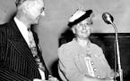 Marian Le Sueur addressed the Democratic-Farmer-Labor convention in 1948 with convention chairman Paul Tinge at her side. She was the vice chairwoman 