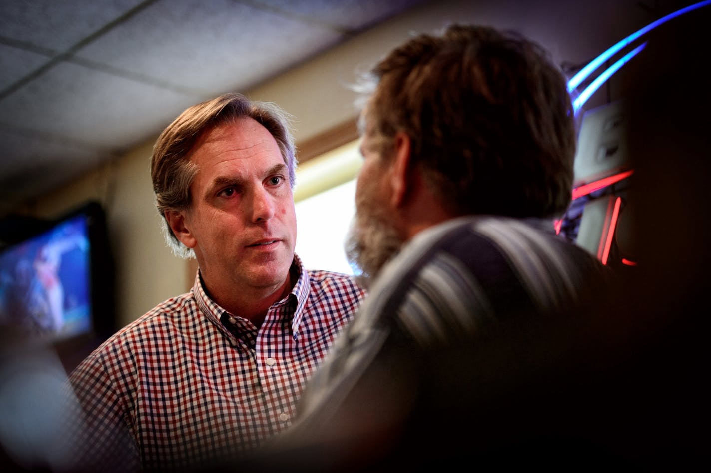 GOP Senate candidate Mike McFadden spoke to patrons of the Northfield Ballroom on a campaign stop in July.