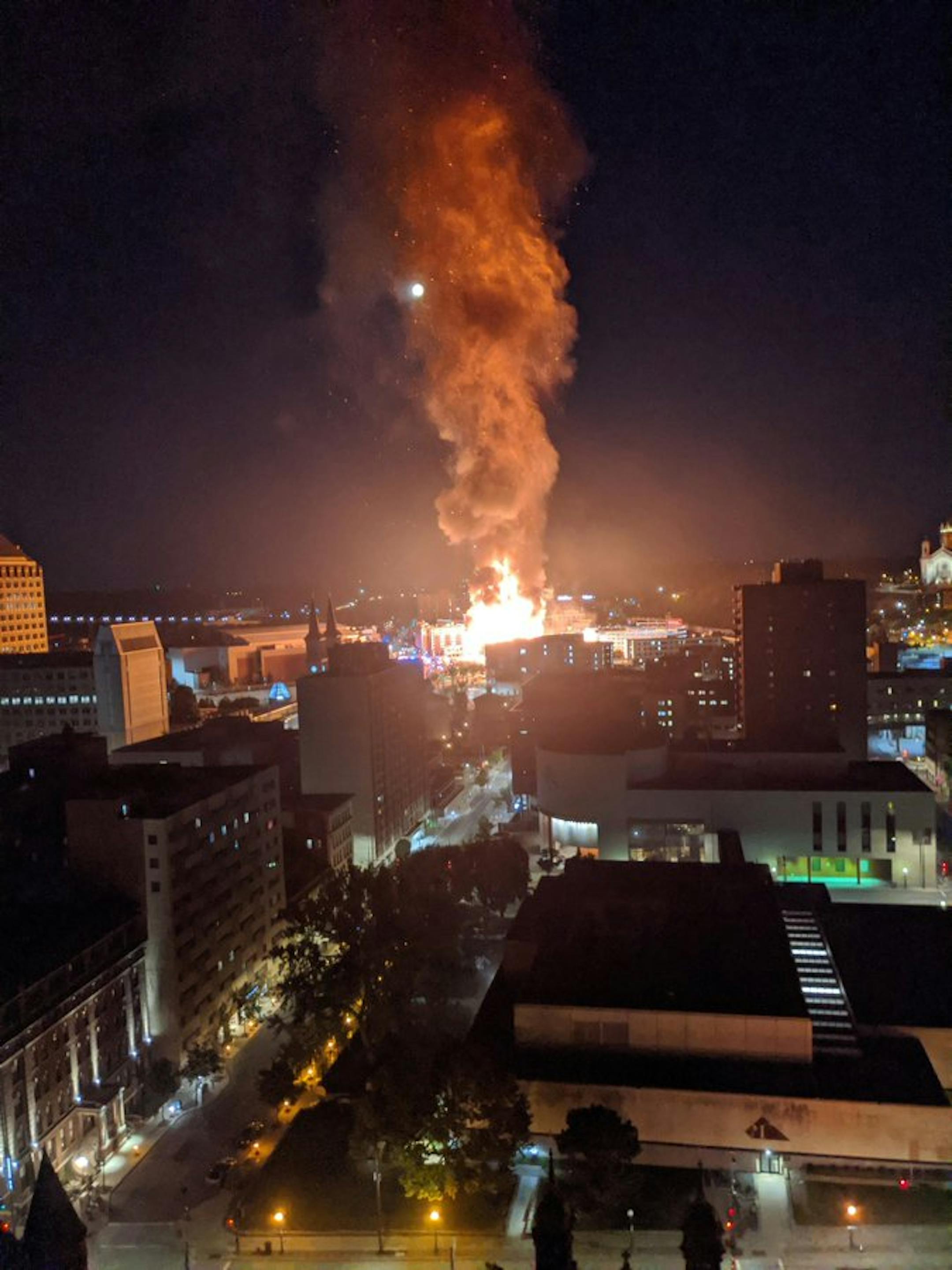 A building near the Xcel Energy Center in downtwon St. Paul was burning Tuesday morning.