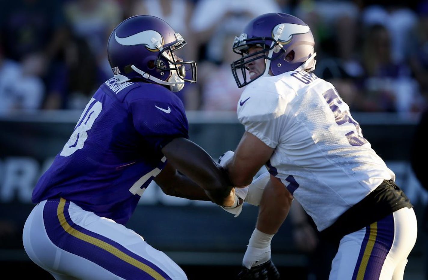 Minnesota Vikings running back Adrian Peterson (28) blocked Chad Greenway (52) during a drill.