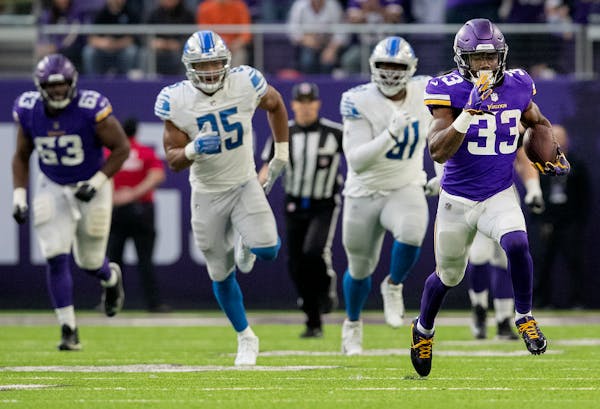 Vikings running back Dalvin Cook broke away on a 70-yard run in the second quarter against the Lions on Sunday.