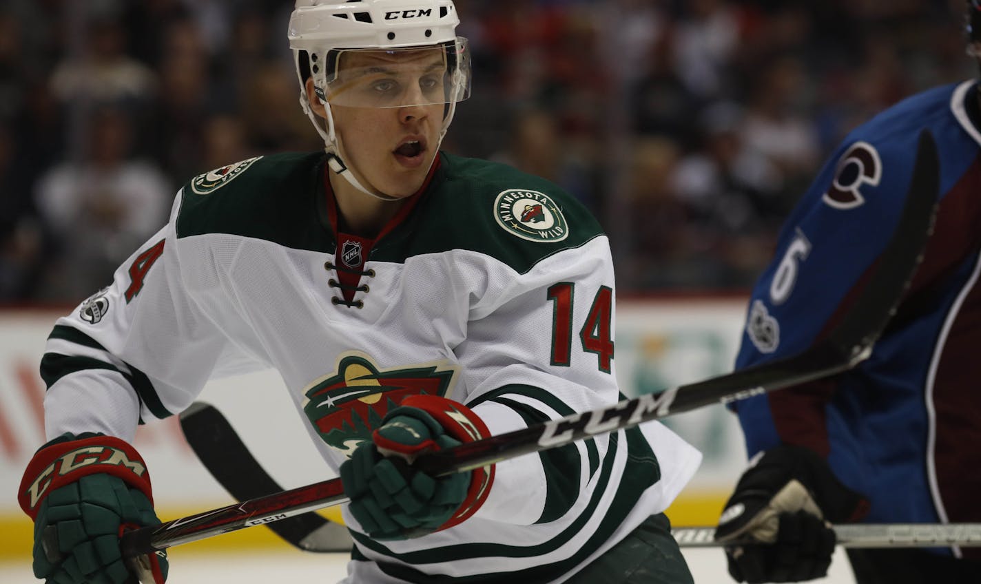 Minnesota Wild center Joel Eriksson Ek (14) in the second period of an NHL hockey game Thursday, April 6, 2017, in Denver. (AP Photo/David Zalubowski)