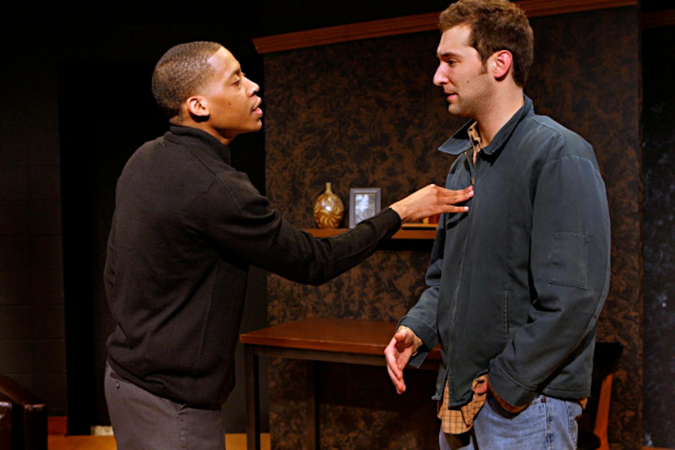 Namir Smallwood as Jackson and Hugh Kennedy as Don in the Pillsbury House Theatre production of Buzzer